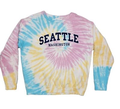 Seattle Shirt Co. Tie Dye Sweatshirt Large Pink Blue Yellow Swirl Crooked Logo