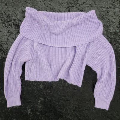 Forever 21 Womens Lavender Cowl Neck Off Shoulder Cropped Sweater Cable Knit MED - Thumbnail 6