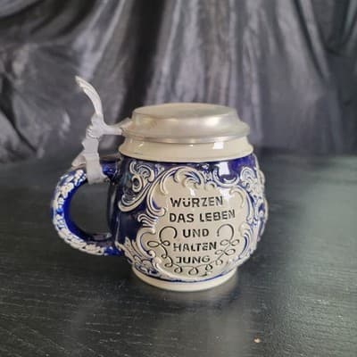 Vintage Blue German Tankard Collectible Lidded Beer Stein Excellent Condition - Thumbnail 2