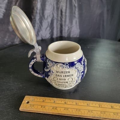 Vintage Blue German Tankard Collectible Lidded Beer Stein Excellent Condition - Thumbnail 4
