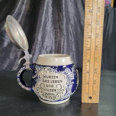 Vintage Blue German Tankard Collectible Lidded Beer Stein Excellent Condition - Thumbnail 5