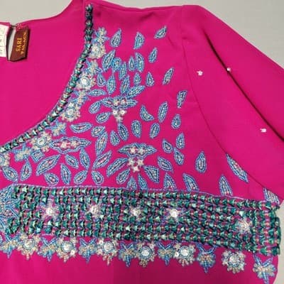 Women's Fuchsia Vintage Sari Palace Kurti Tunic Embellished Size 46 - Thumbnail 10