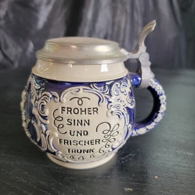 Vintage Blue German Tankard Collectible Lidded Beer Stein Excellent Condition