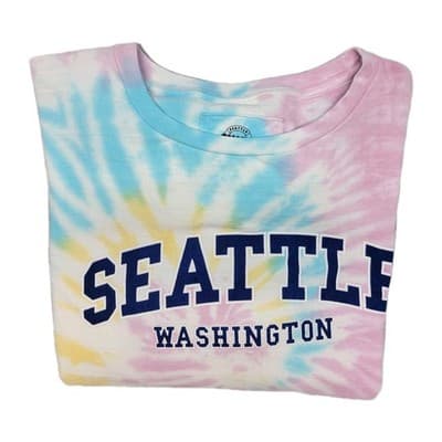 Seattle Shirt Co. Tie Dye Sweatshirt Large Pink Blue Yellow Swirl Crooked Logo - Thumbnail 9