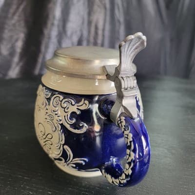 Vintage Blue German Tankard Collectible Lidded Beer Stein Excellent Condition - Thumbnail 8
