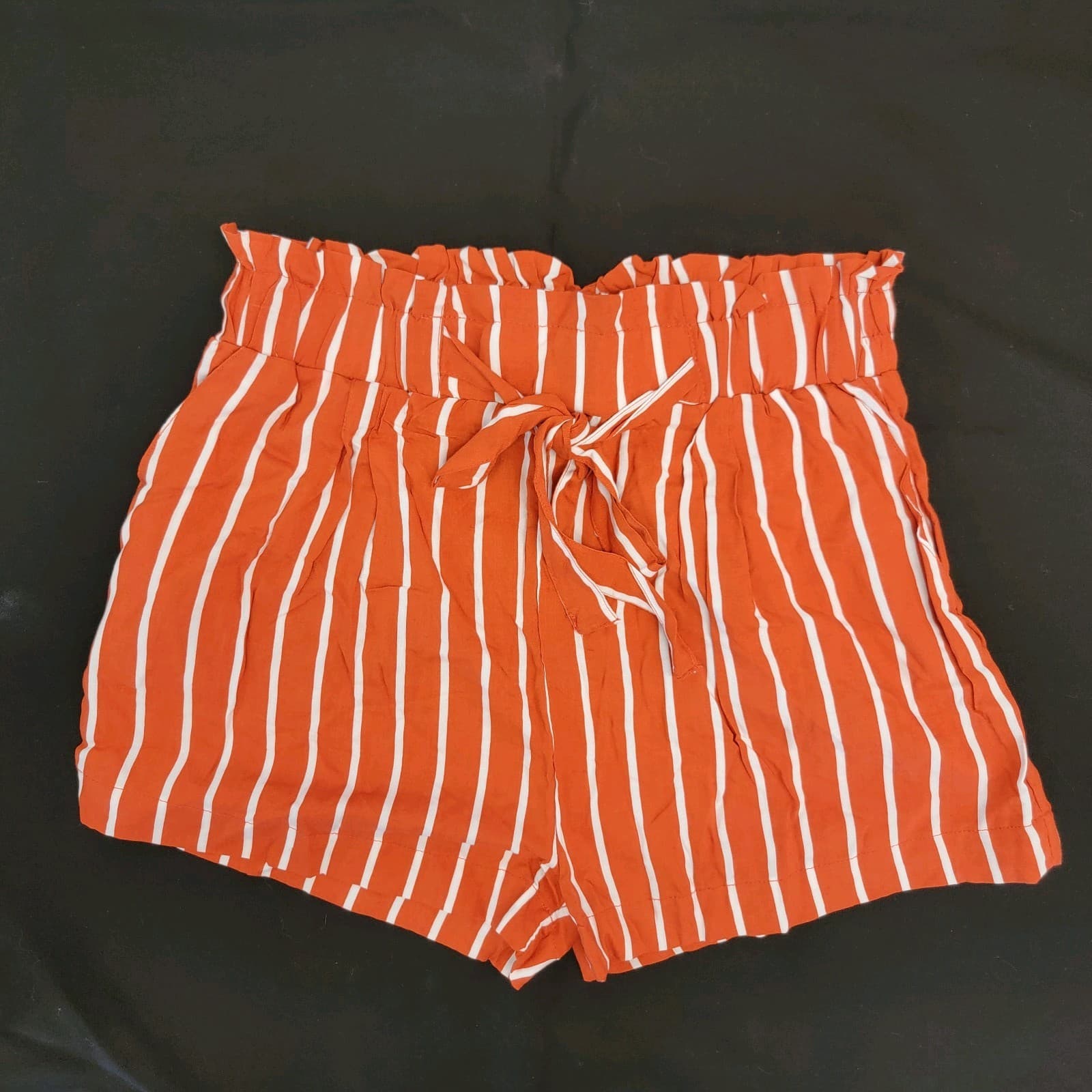 Ambience Apparel Women's Striped Tie Waist Shorts Orange White Rayon SZ L Cute