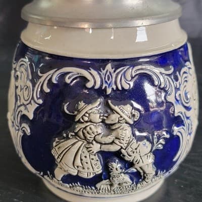 Vintage Blue German Tankard Collectible Lidded Beer Stein Excellent Condition - Thumbnail 7