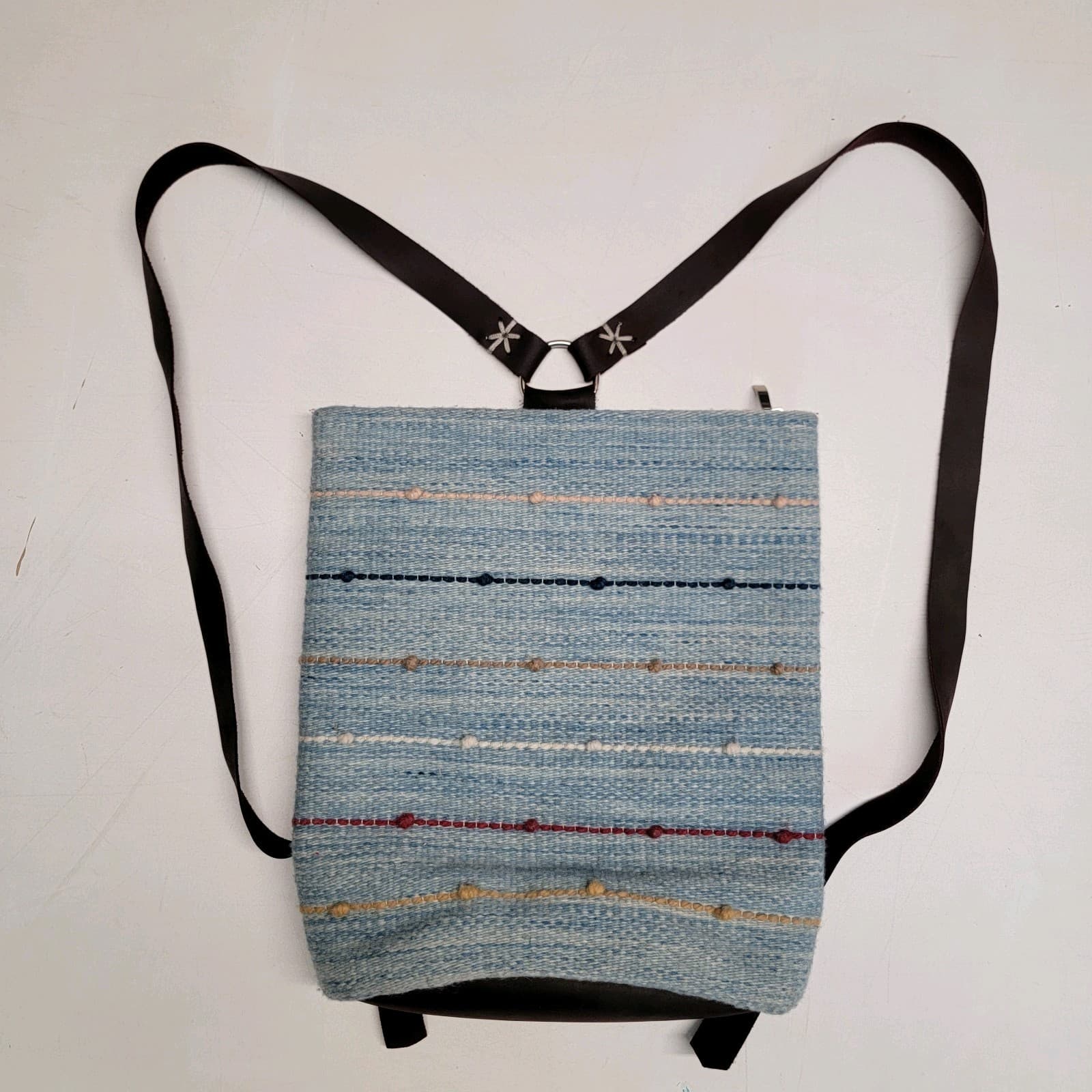 Woven Blanket Hippie Blue Striped Purse Bag Backpack 12 x 12"Leather Straps