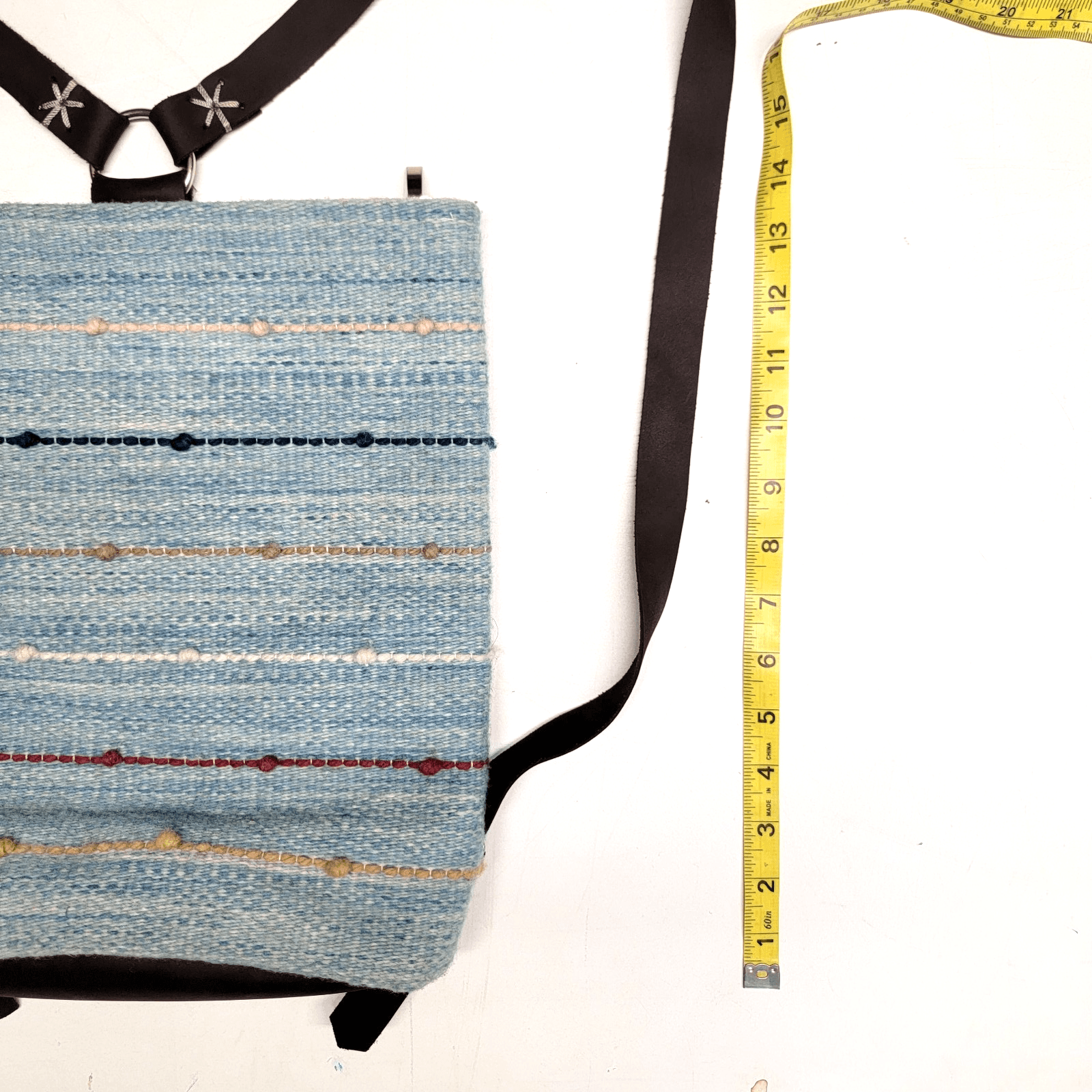 Woven Blanket Hippie Blue Striped Purse Bag Backpack 12 x 12"Leather Straps - Thumbnail 2