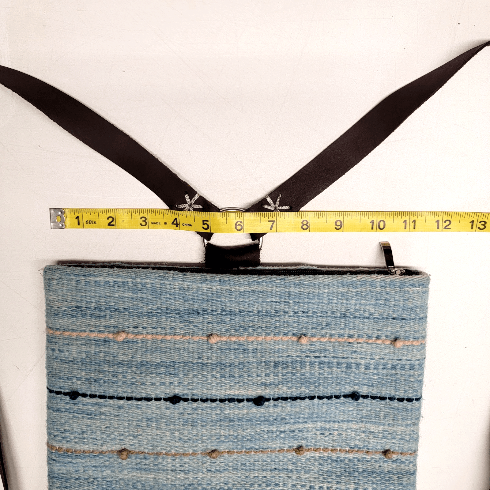 Woven Blanket Hippie Blue Striped Purse Bag Backpack 12 x 12"Leather Straps - Thumbnail 3