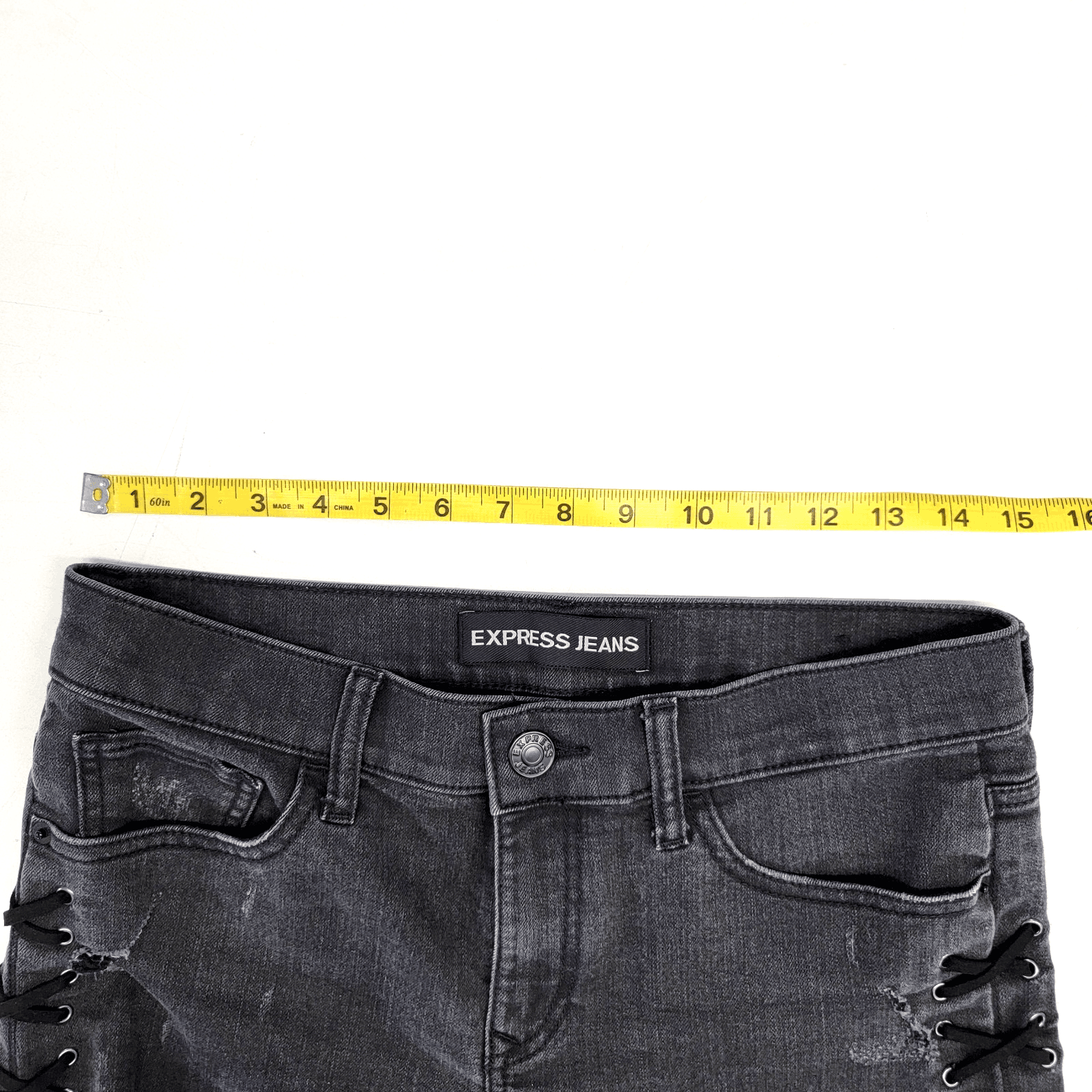 Express Jeans Black Distressed Denim Shorts Lace-Up Sides Womens Size 6 HOTpant - Thumbnail 6