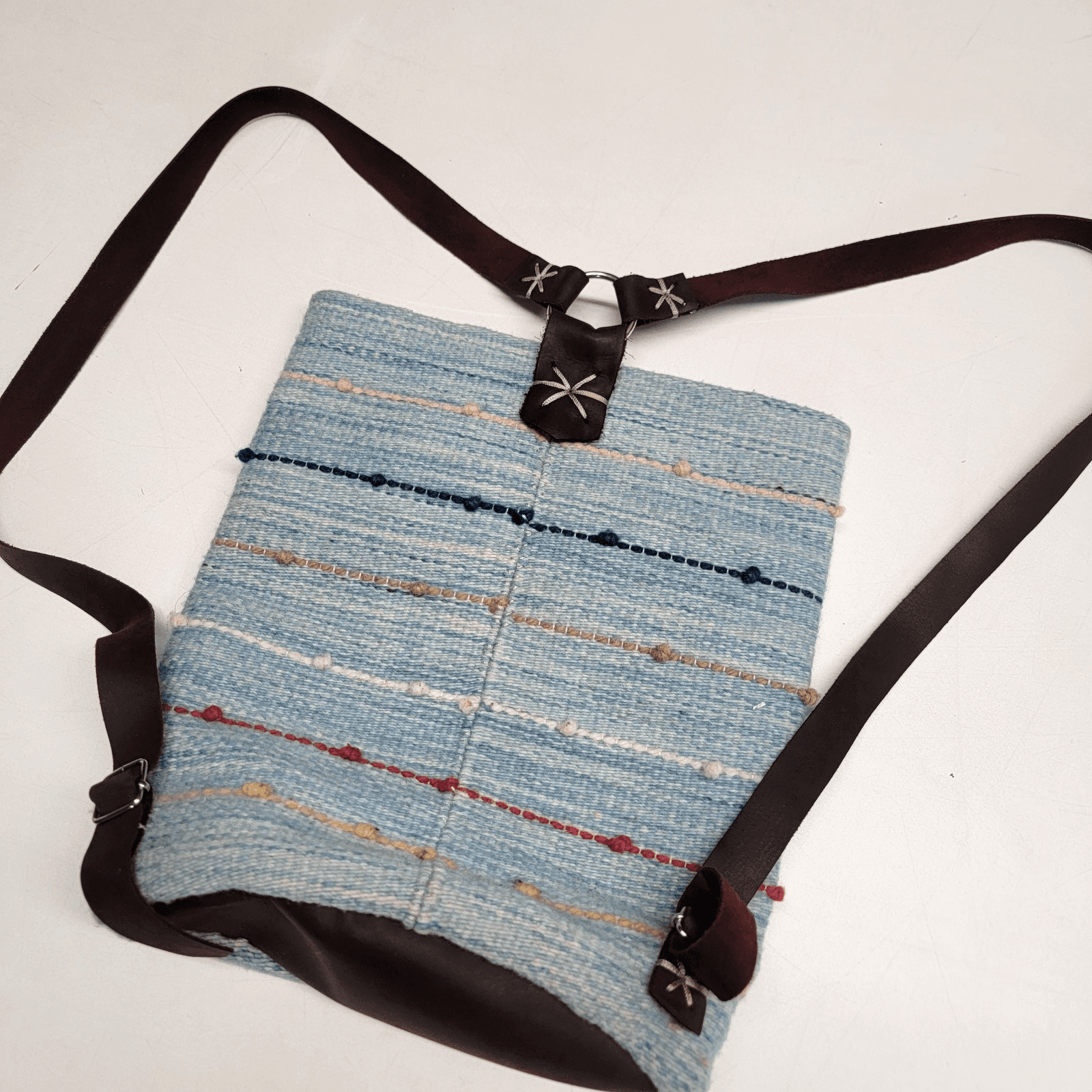 Woven Blanket Hippie Blue Striped Purse Bag Backpack 12 x 12"Leather Straps - Thumbnail 5