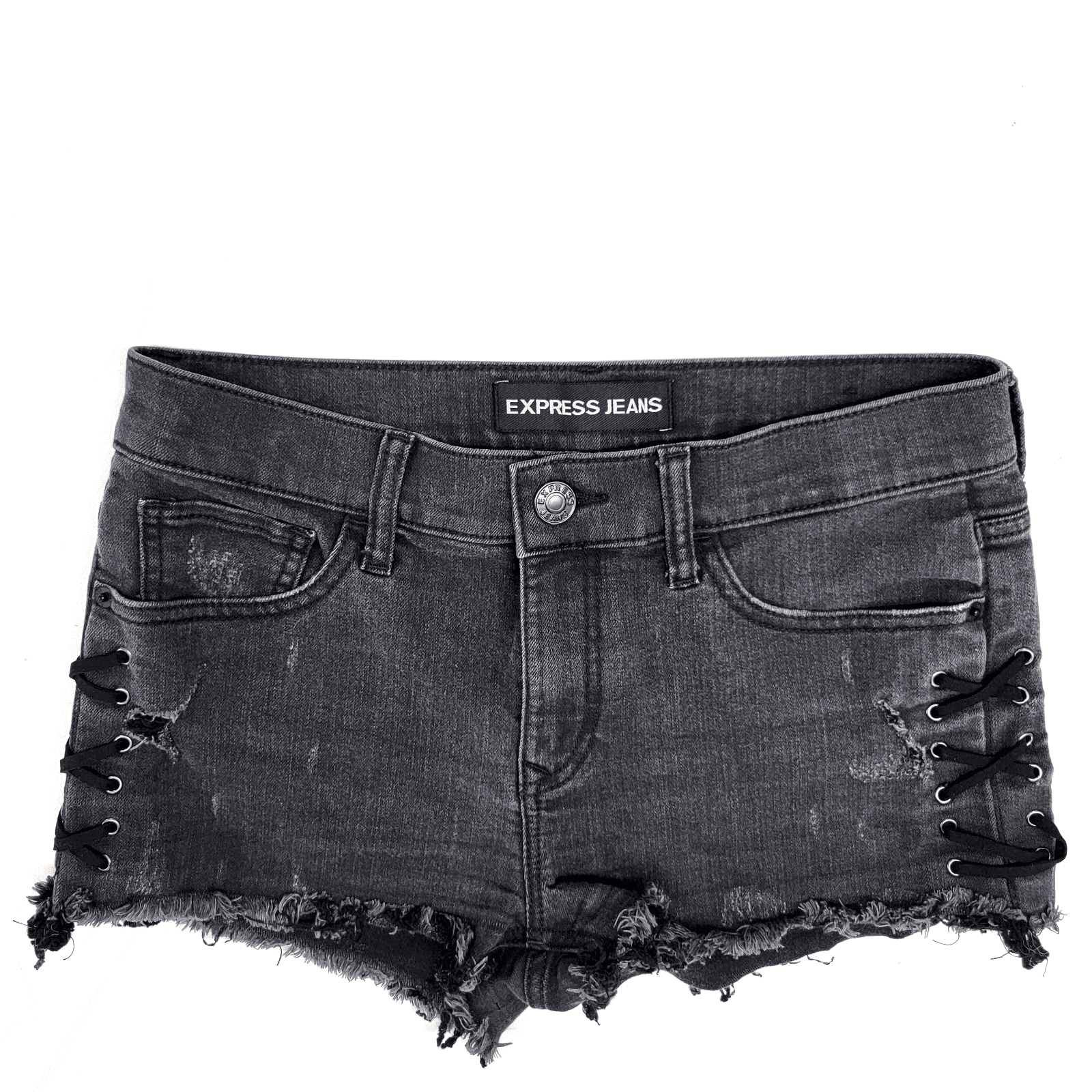 Express Jeans Black Distressed Denim Shorts Lace-Up Sides Womens Size 6 HOTpant