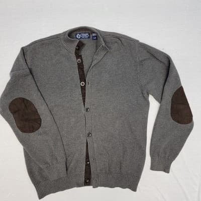 CHAPS Men's LRG Gray Knit Button Up Cardigan Sweater Elbow Patch V Neck Cotton