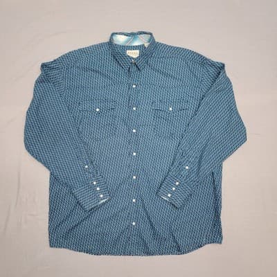 Roper Men's XL Long Sleeve Pearl Snap Teal Blue Circles Western Cowboy Shirt