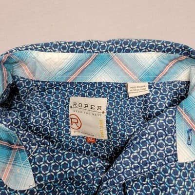 Roper Men's XL Long Sleeve Pearl Snap Teal Blue Circles Western Cowboy Shirt - Thumbnail 4