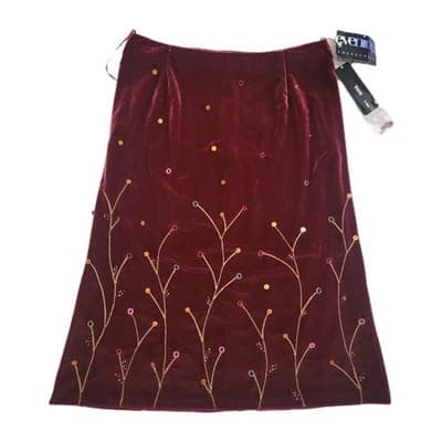 Rimini by Shaw Womens 10 Maroon Velvet Beaded A Line Skirt Gorgeous