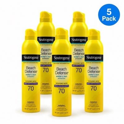 5 Pack- New Neutrogena SPF 70 Beach Defense Sunscreen Spray Lotion (5 Oz.)