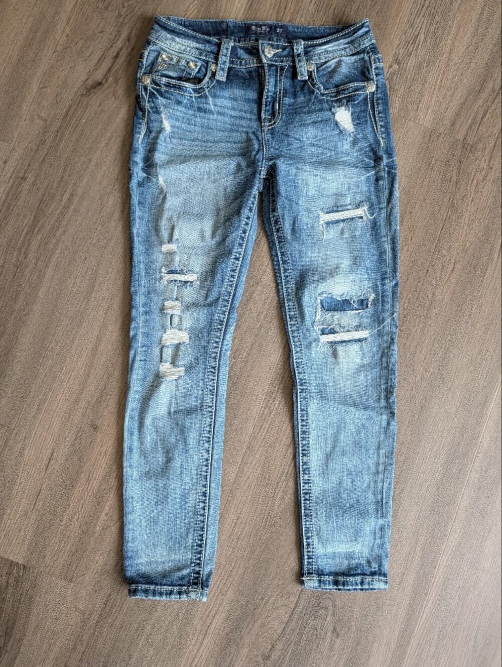 Miss Me Blue Mid-Rise Distressed Ankle Skinny Jeans With Stars And Flag - Thumbnail 14
