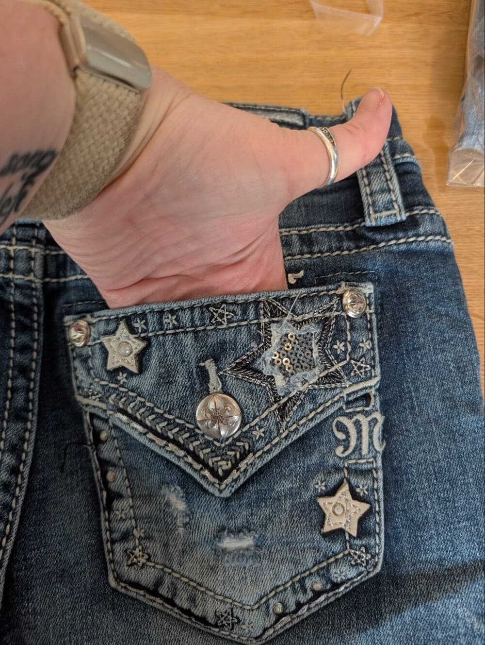 Miss Me Blue Mid-Rise Distressed Ankle Skinny Jeans With Stars And Flag - Thumbnail 5