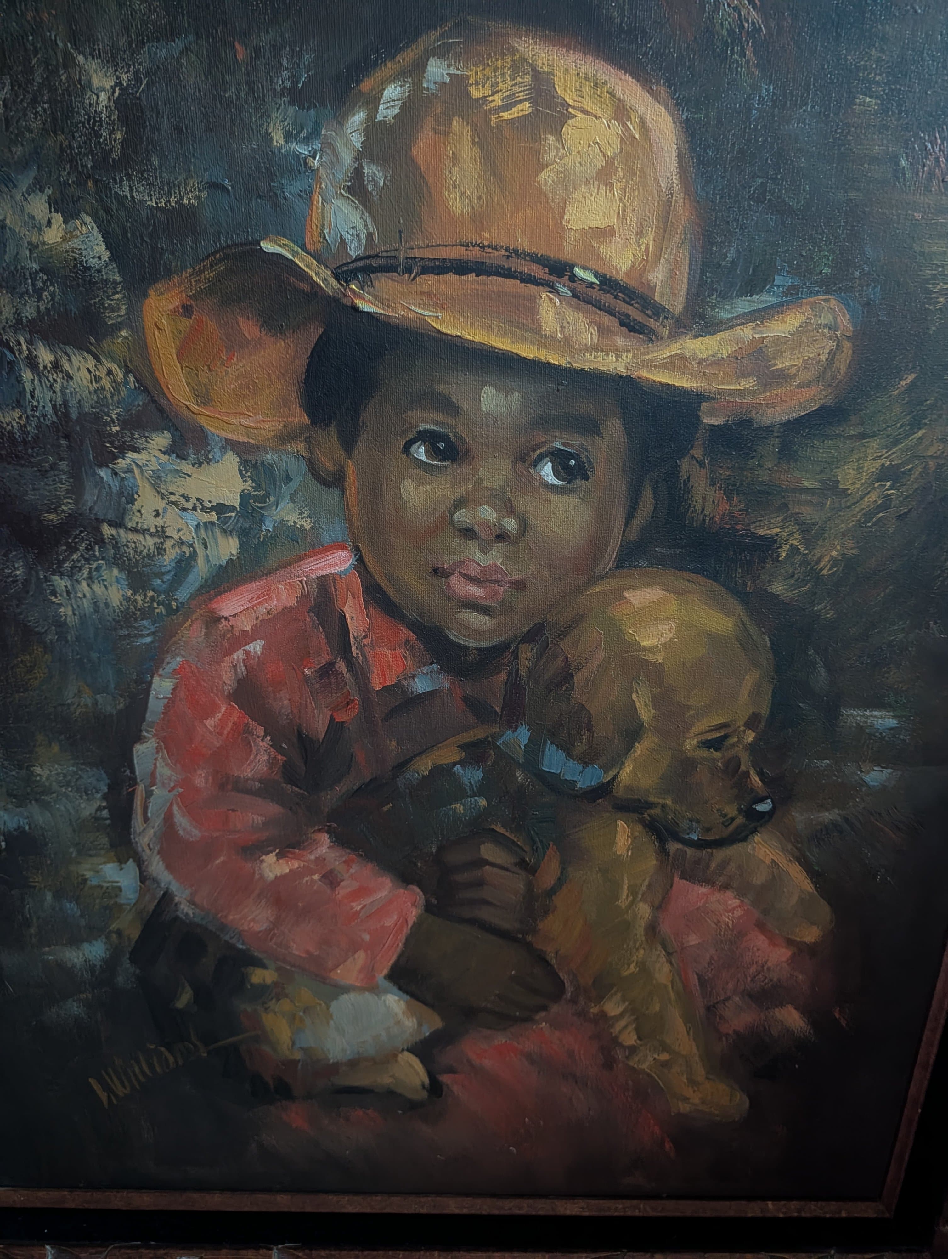 Vintage Wood and Velvet Framed Signed Child with Dog Painting - Thumbnail 4