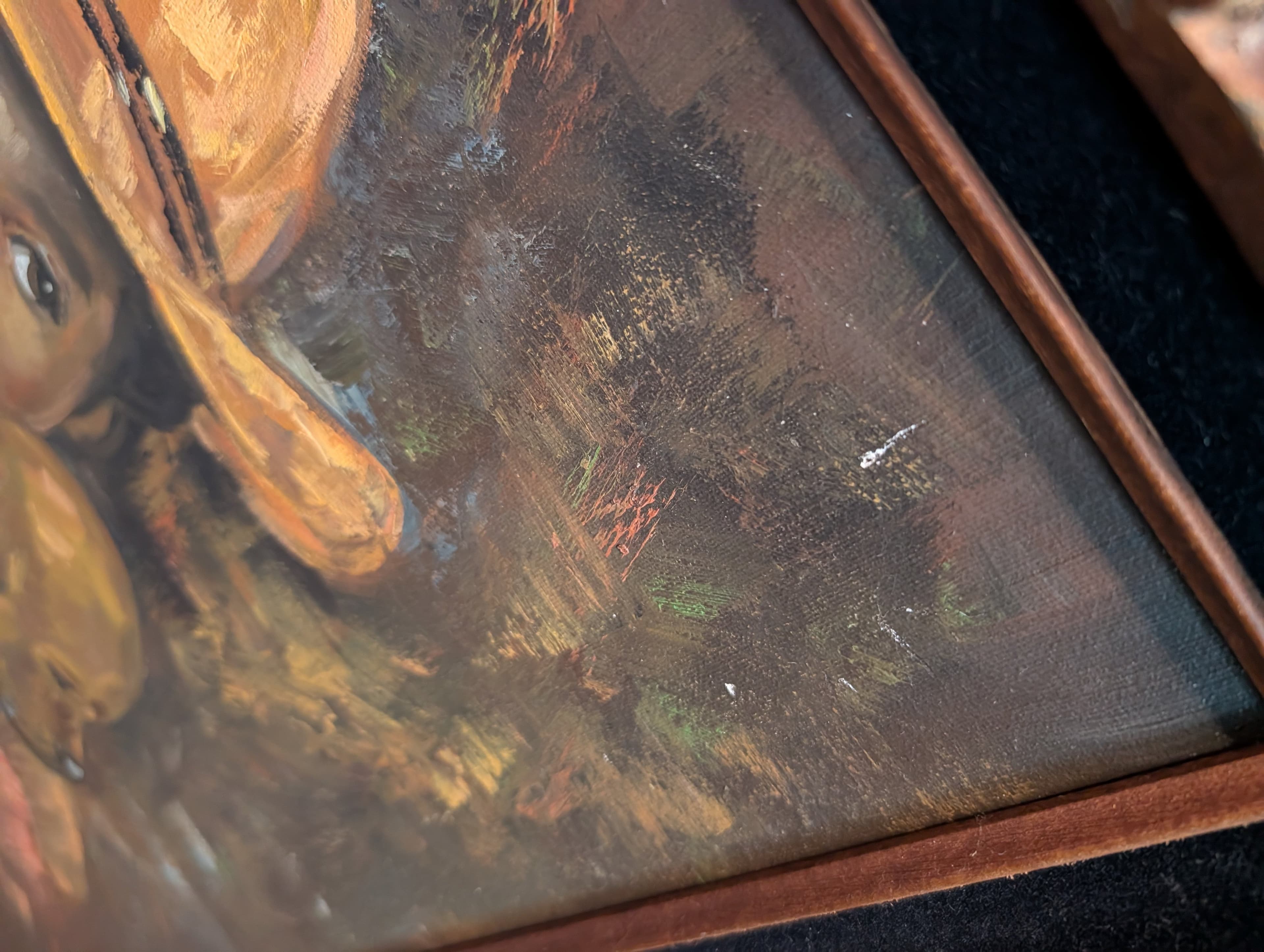 Vintage Wood and Velvet Framed Signed Child with Dog Painting - Thumbnail 5