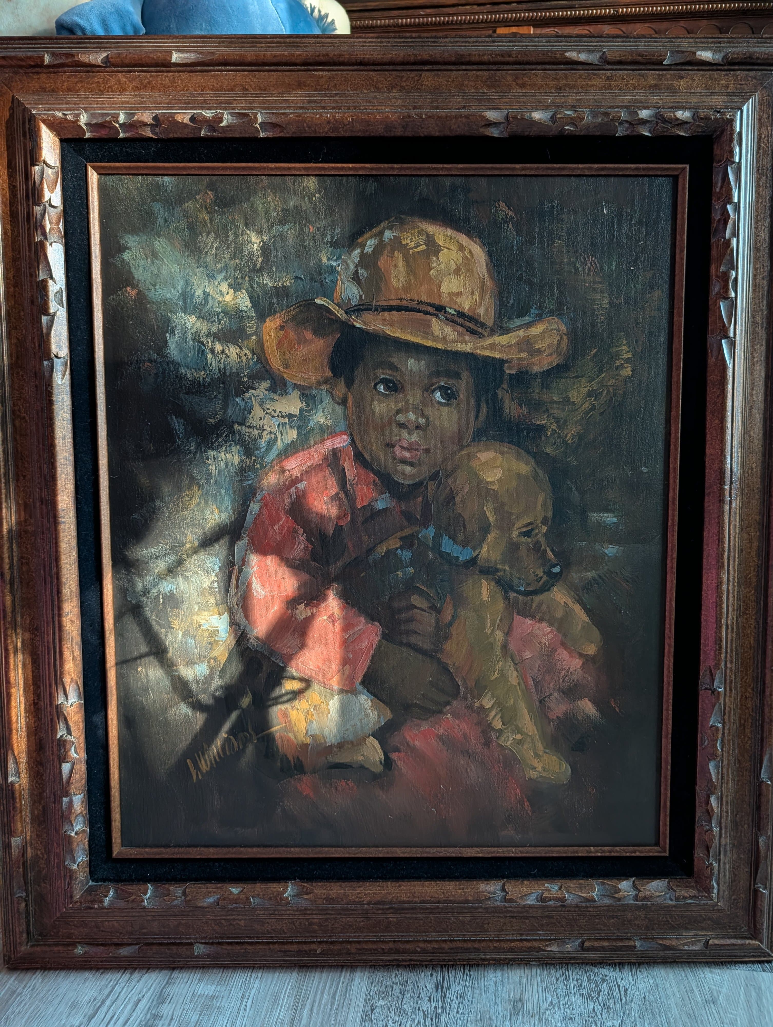 Vintage Wood and Velvet Framed Signed Child with Dog Painting - Thumbnail 6