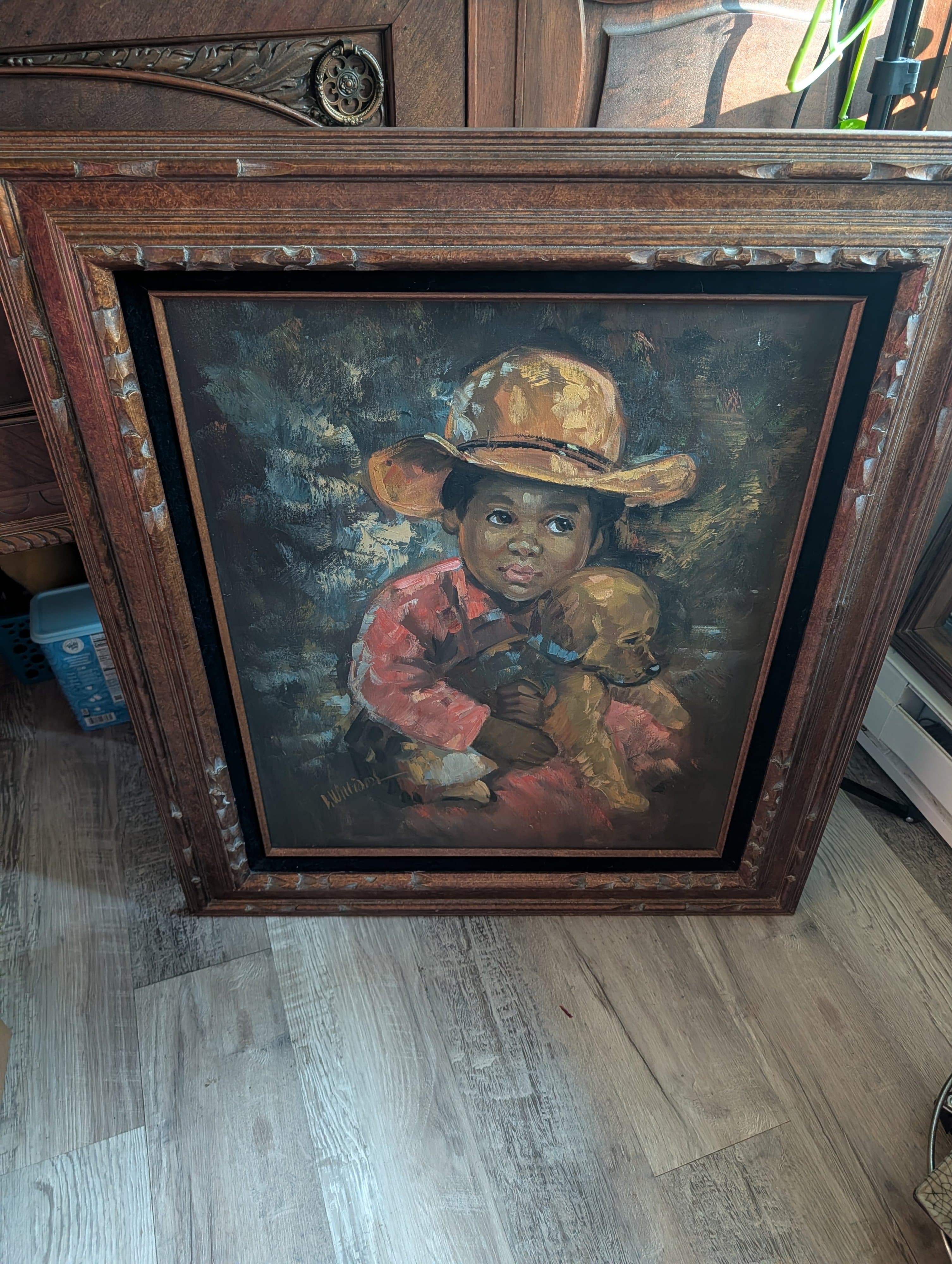 Vintage Wood and Velvet Framed Signed Child with Dog Painting - Thumbnail 7