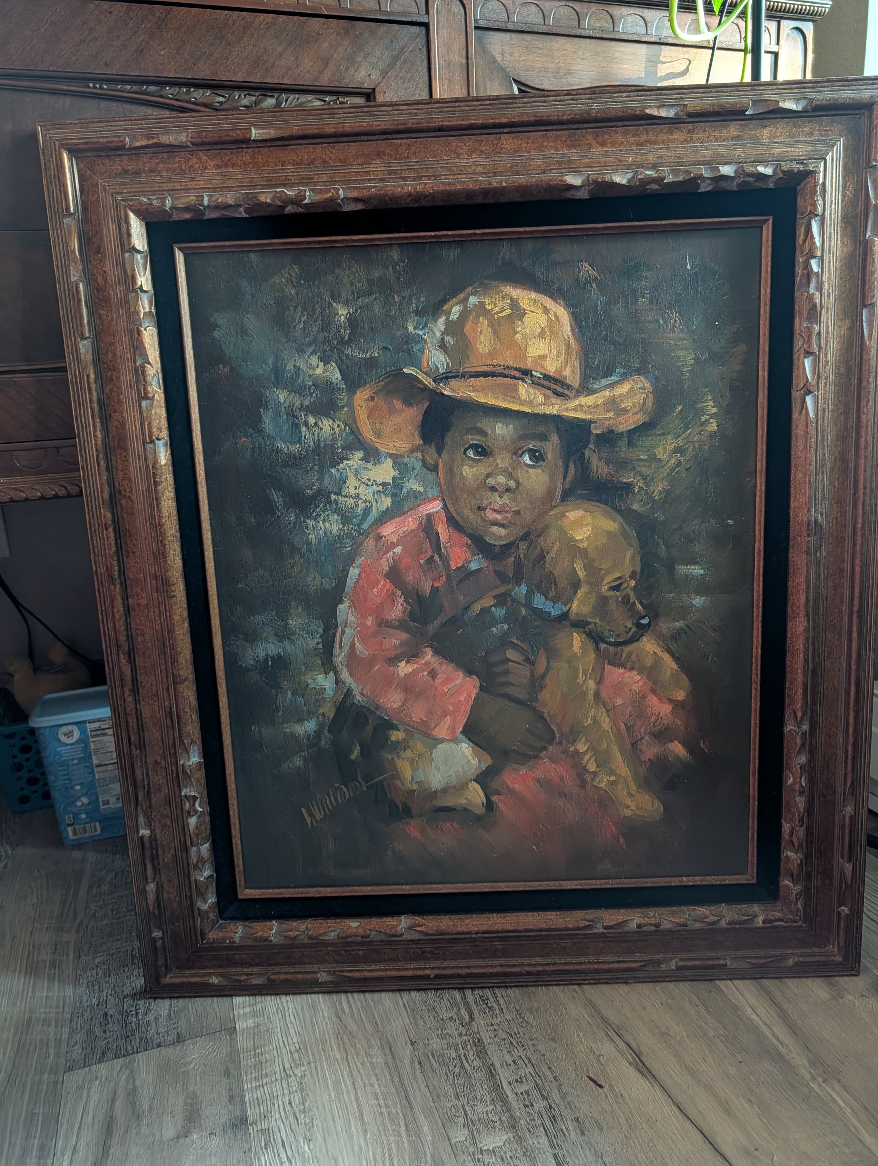 Vintage Wood and Velvet Framed Signed Child with Dog Painting - Thumbnail 11