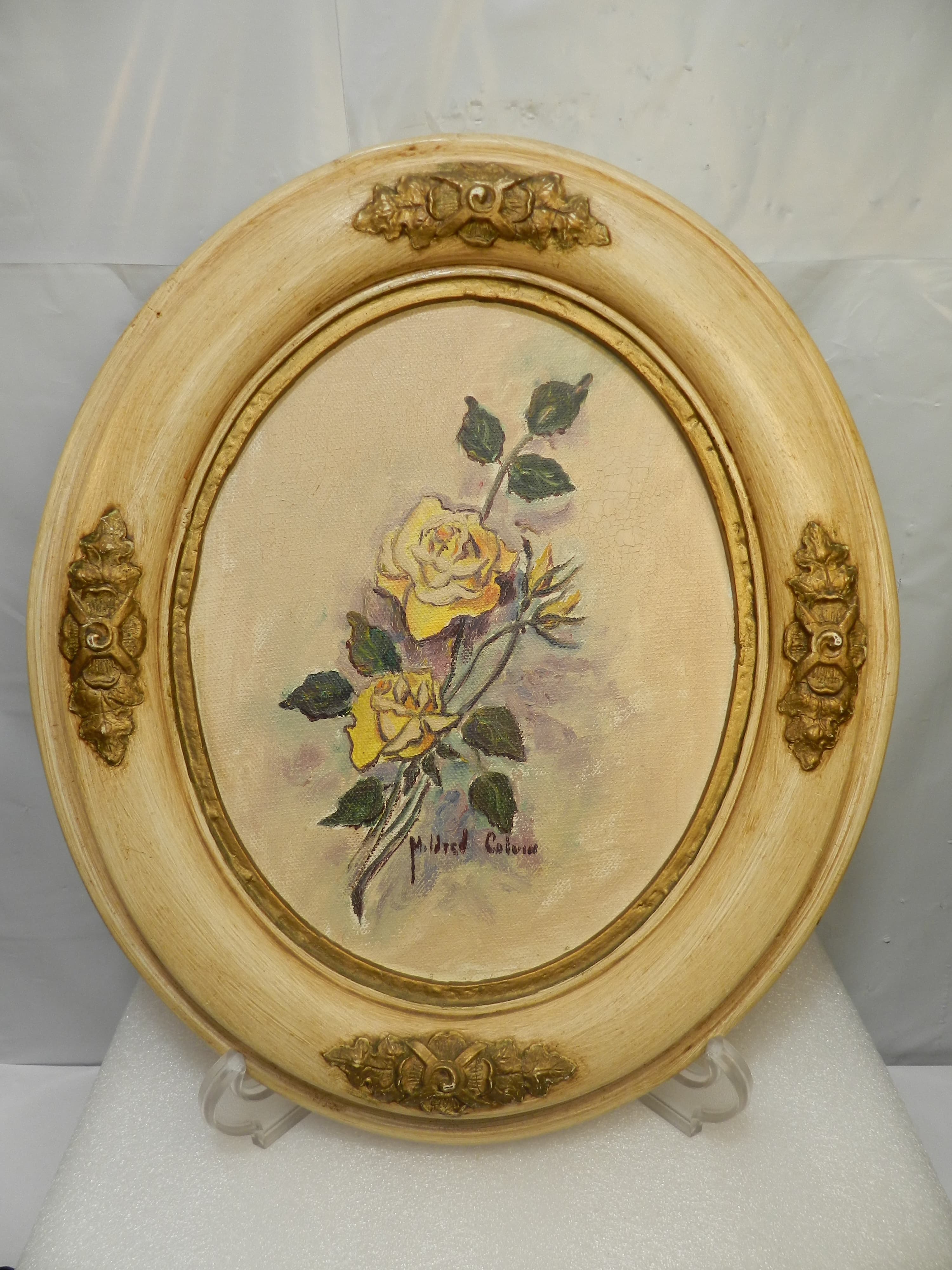 Vintage Mildred Colvin Yellow Rose Floral Painting on Canvas Oval Frame (O33S) - Thumbnail 2