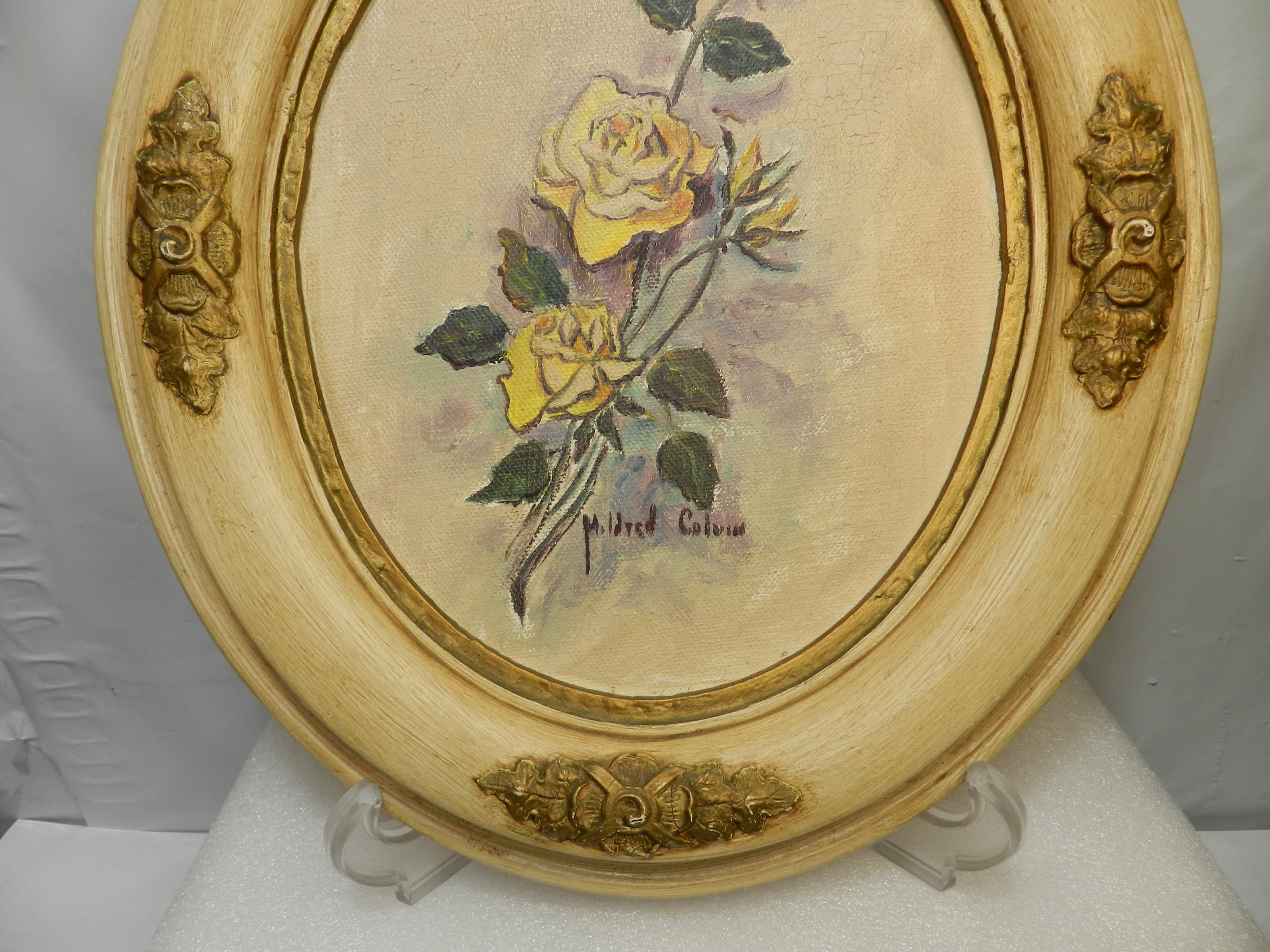 Vintage Mildred Colvin Yellow Rose Floral Painting on Canvas Oval Frame (O33S) - Thumbnail 5