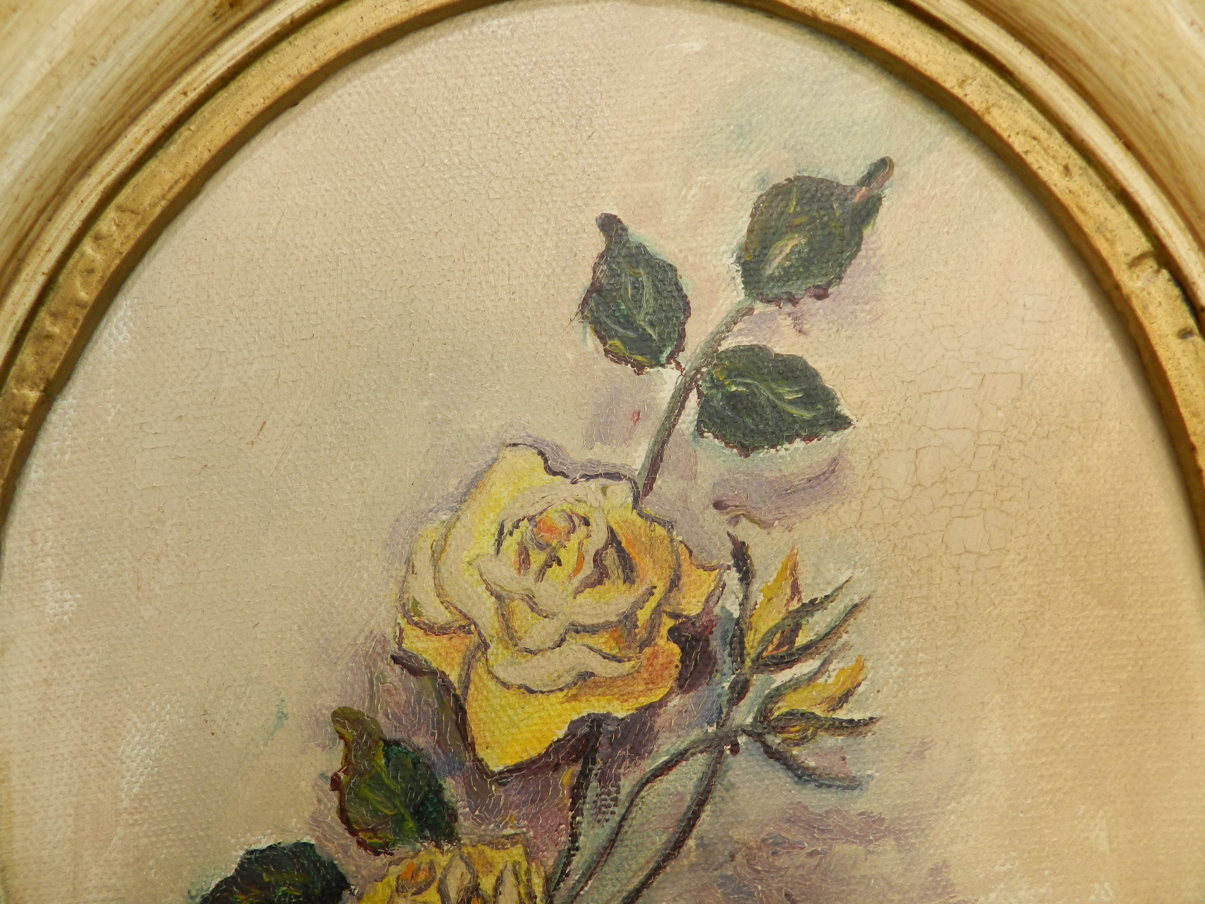 Vintage Mildred Colvin Yellow Rose Floral Painting on Canvas Oval Frame (O33S) - Thumbnail 4