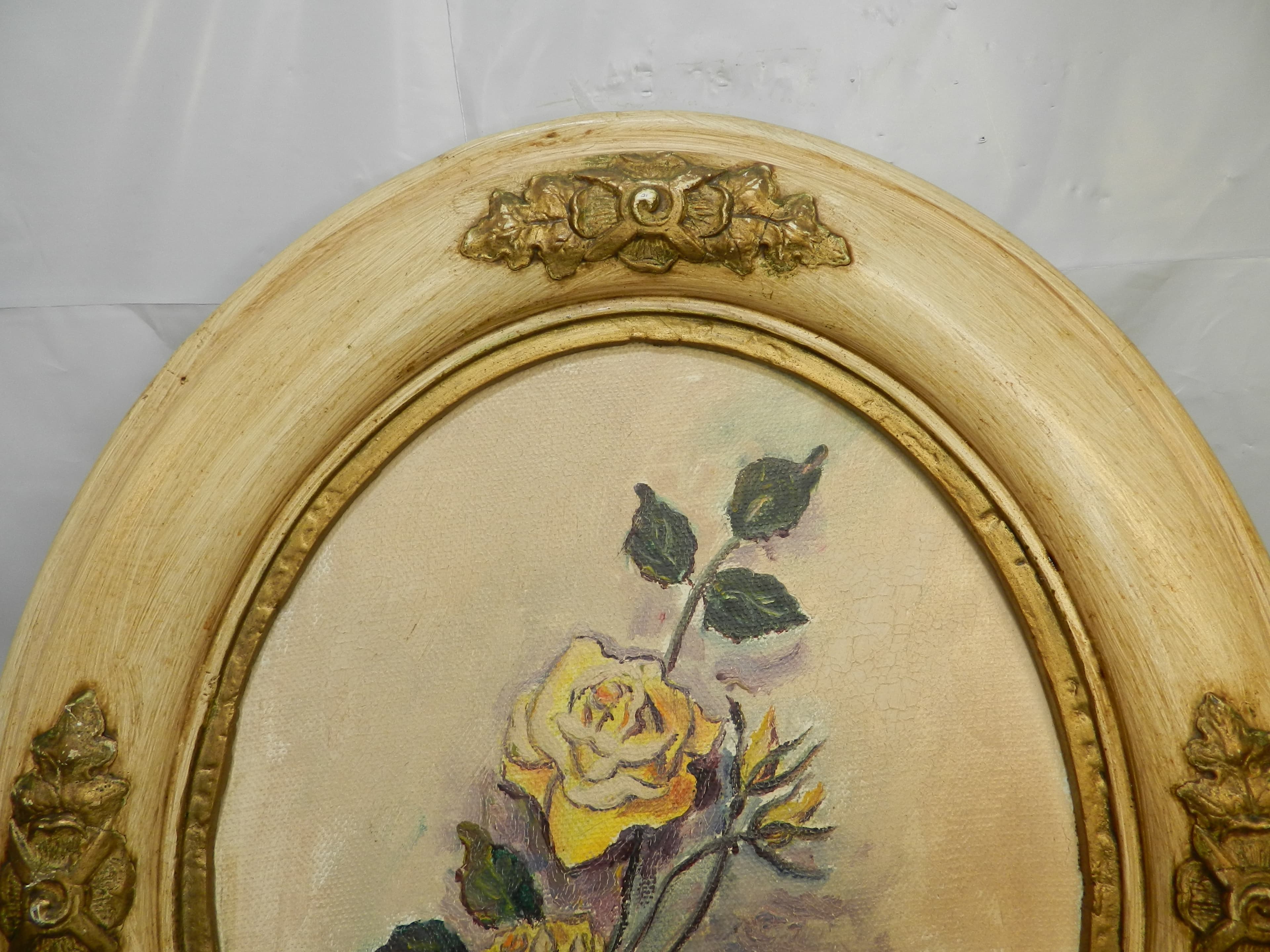 Vintage Mildred Colvin Yellow Rose Floral Painting on Canvas Oval Frame (O33S) - Thumbnail 3