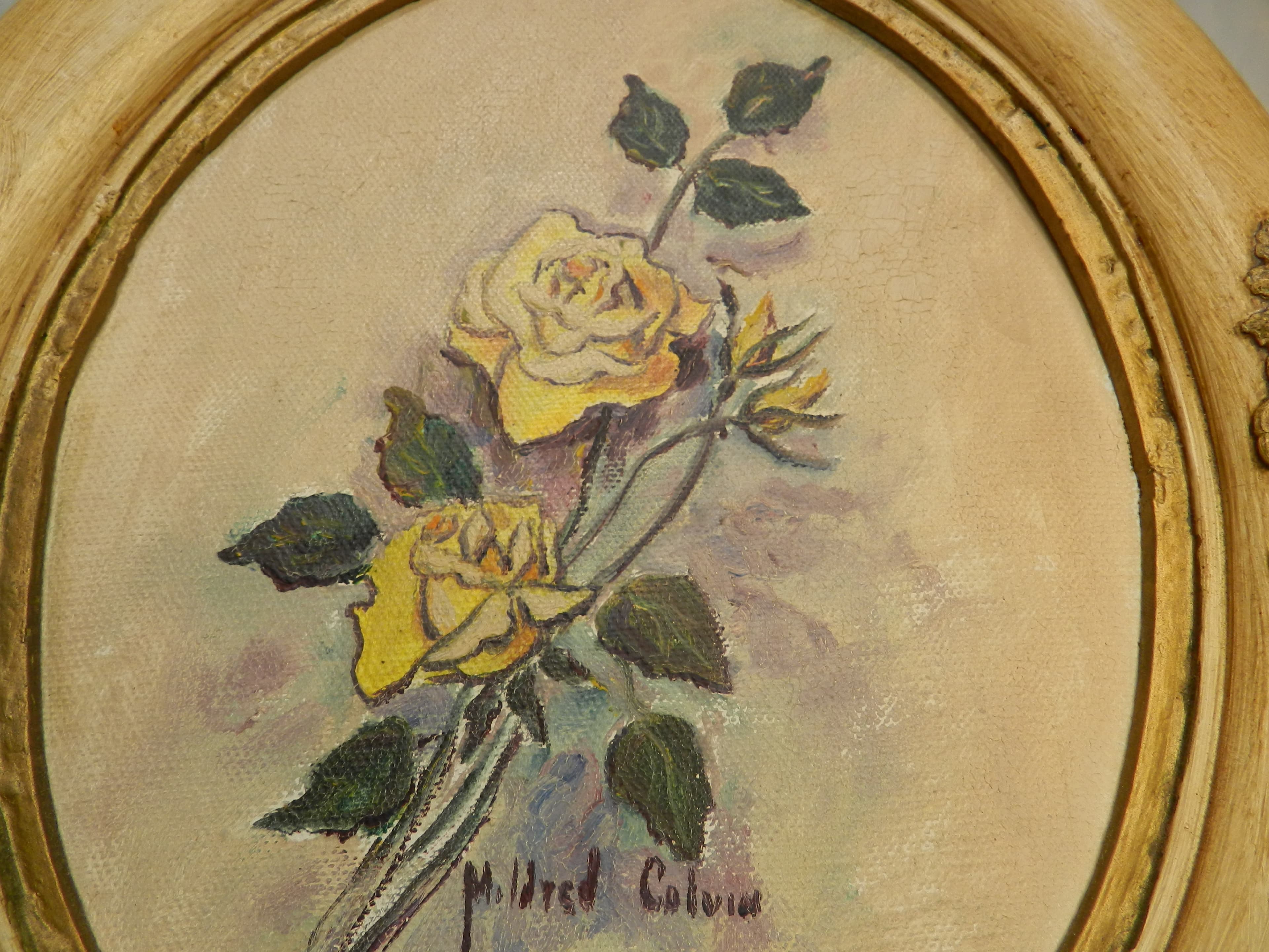 Vintage Mildred Colvin Yellow Rose Floral Painting on Canvas Oval Frame (O33S) - Thumbnail 6