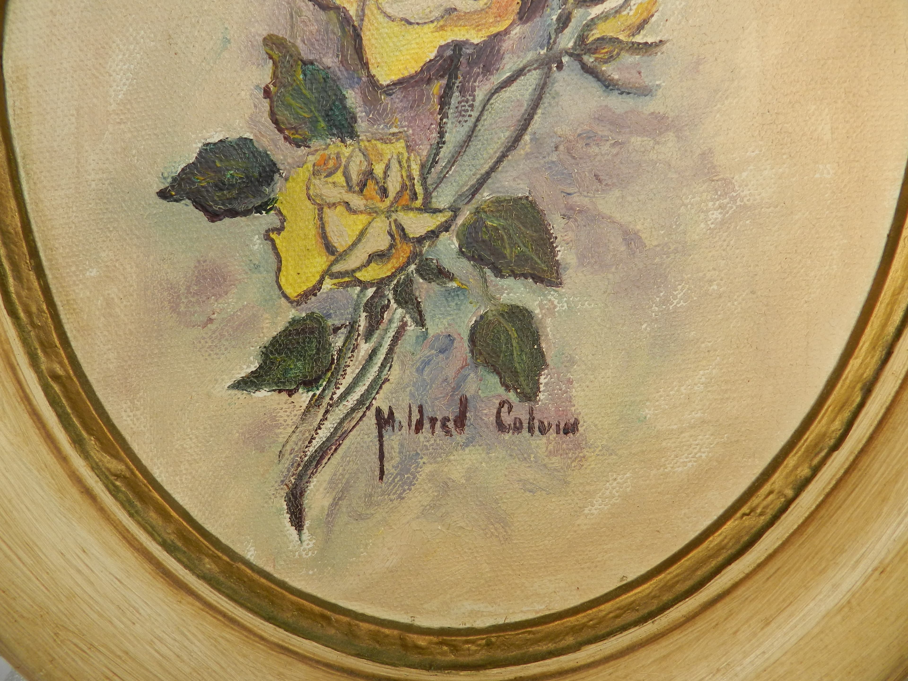 Vintage Mildred Colvin Yellow Rose Floral Painting on Canvas Oval Frame (O33S) - Thumbnail 7