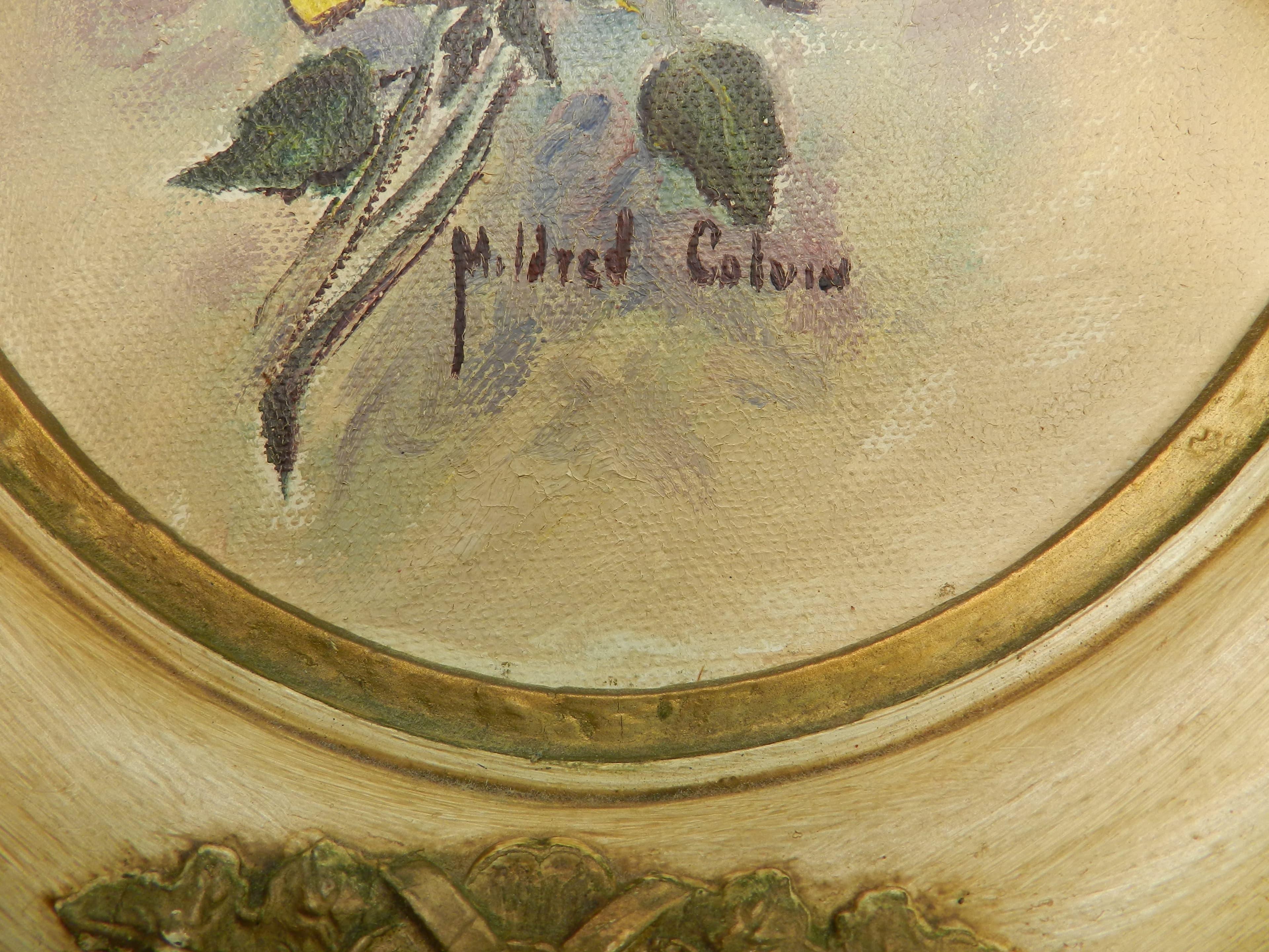 Vintage Mildred Colvin Yellow Rose Floral Painting on Canvas Oval Frame (O33S) - Thumbnail 9