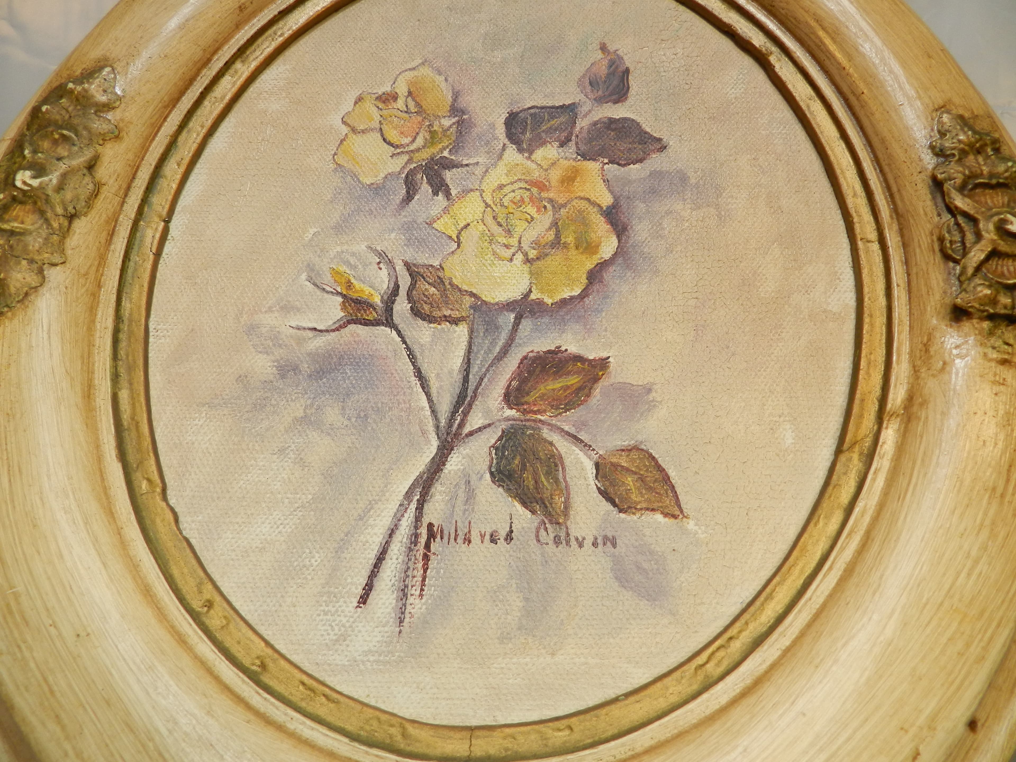 Vintage Mildred Colvin Yellow Rose Floral Painting on Canvas Oval Frame (O34S) - Thumbnail 3