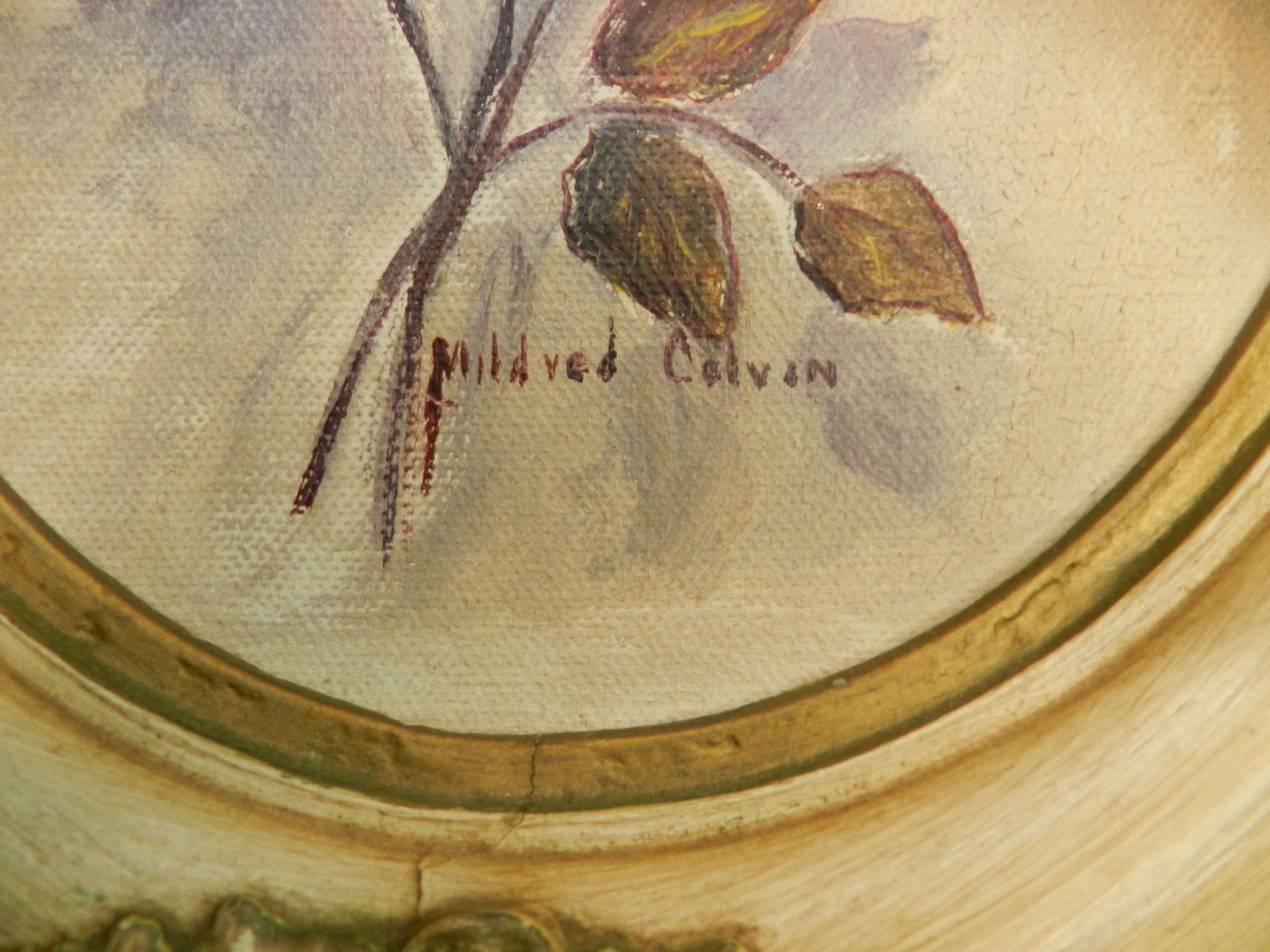 Vintage Mildred Colvin Yellow Rose Floral Painting on Canvas Oval Frame (O34S) - Thumbnail 4