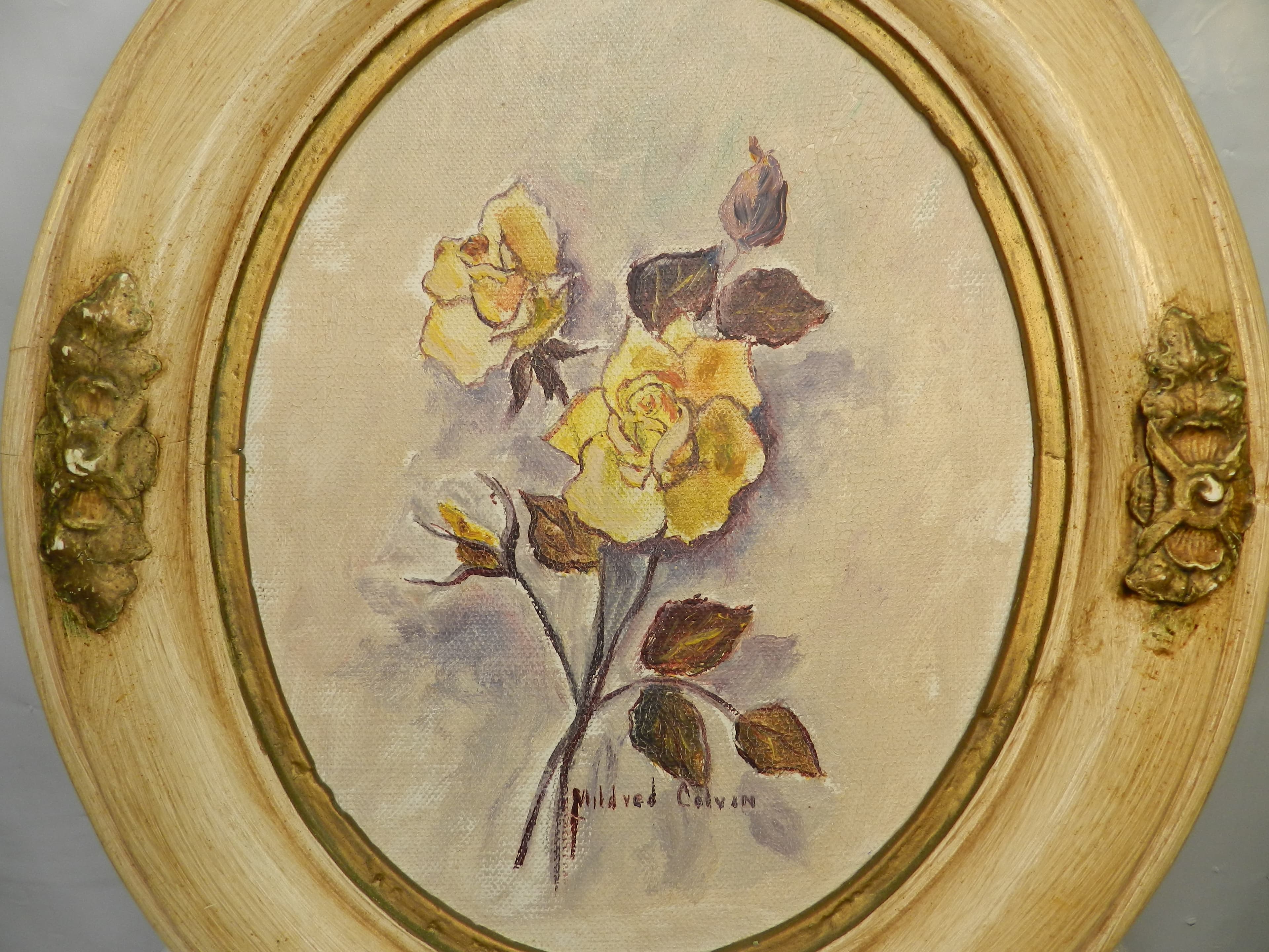 Vintage Mildred Colvin Yellow Rose Floral Painting on Canvas Oval Frame (O34S) - Thumbnail 6