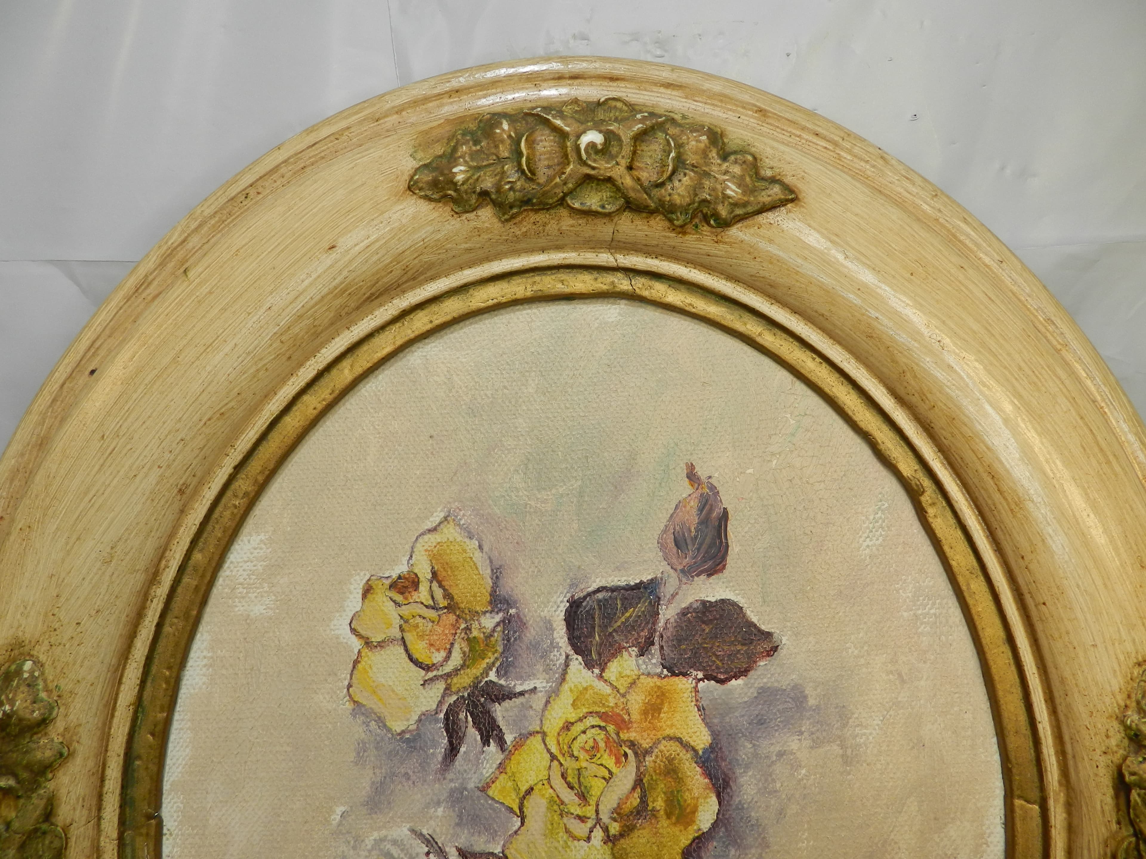 Vintage Mildred Colvin Yellow Rose Floral Painting on Canvas Oval Frame (O34S) - Thumbnail 5