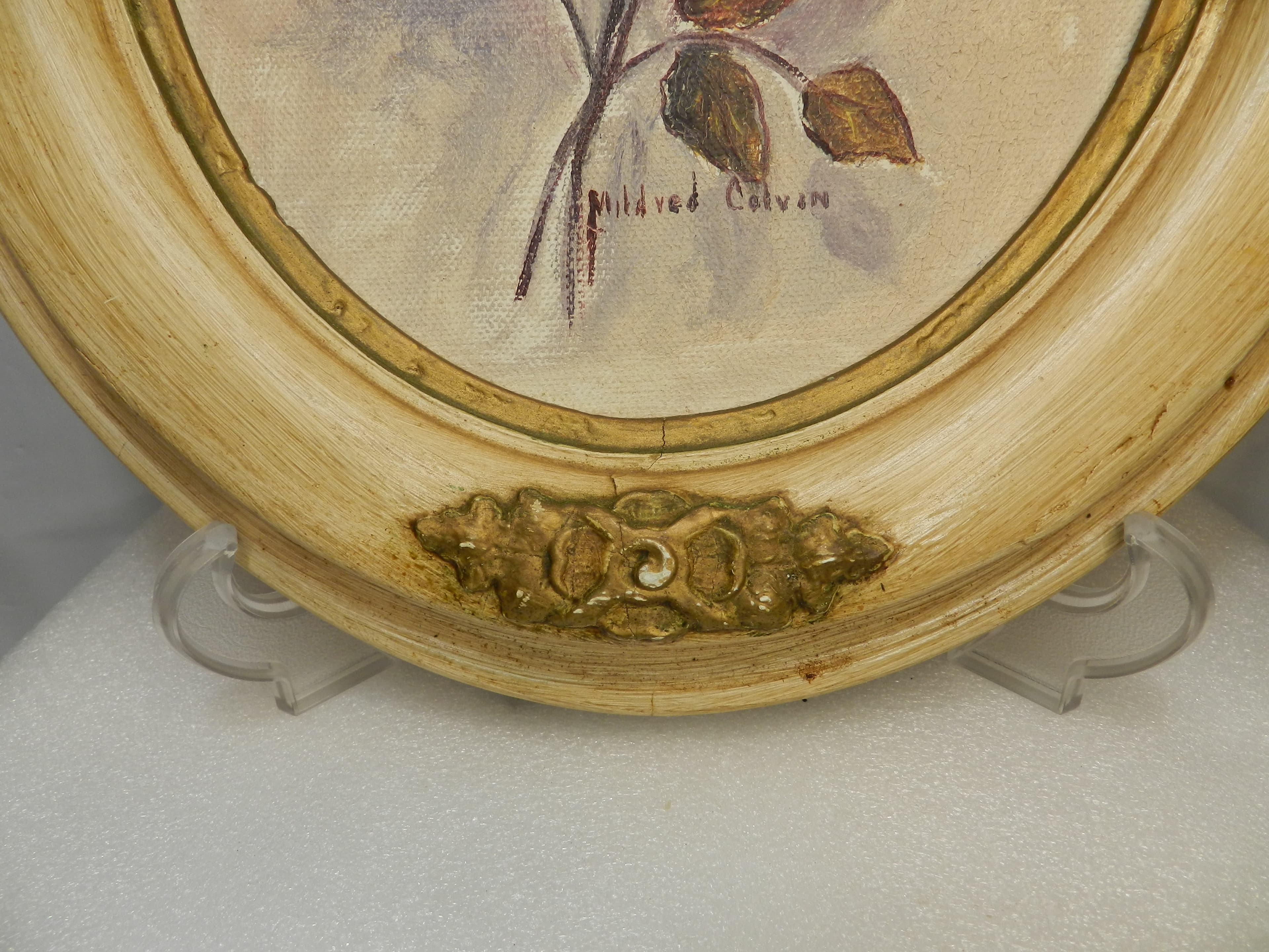 Vintage Mildred Colvin Yellow Rose Floral Painting on Canvas Oval Frame (O34S) - Thumbnail 7