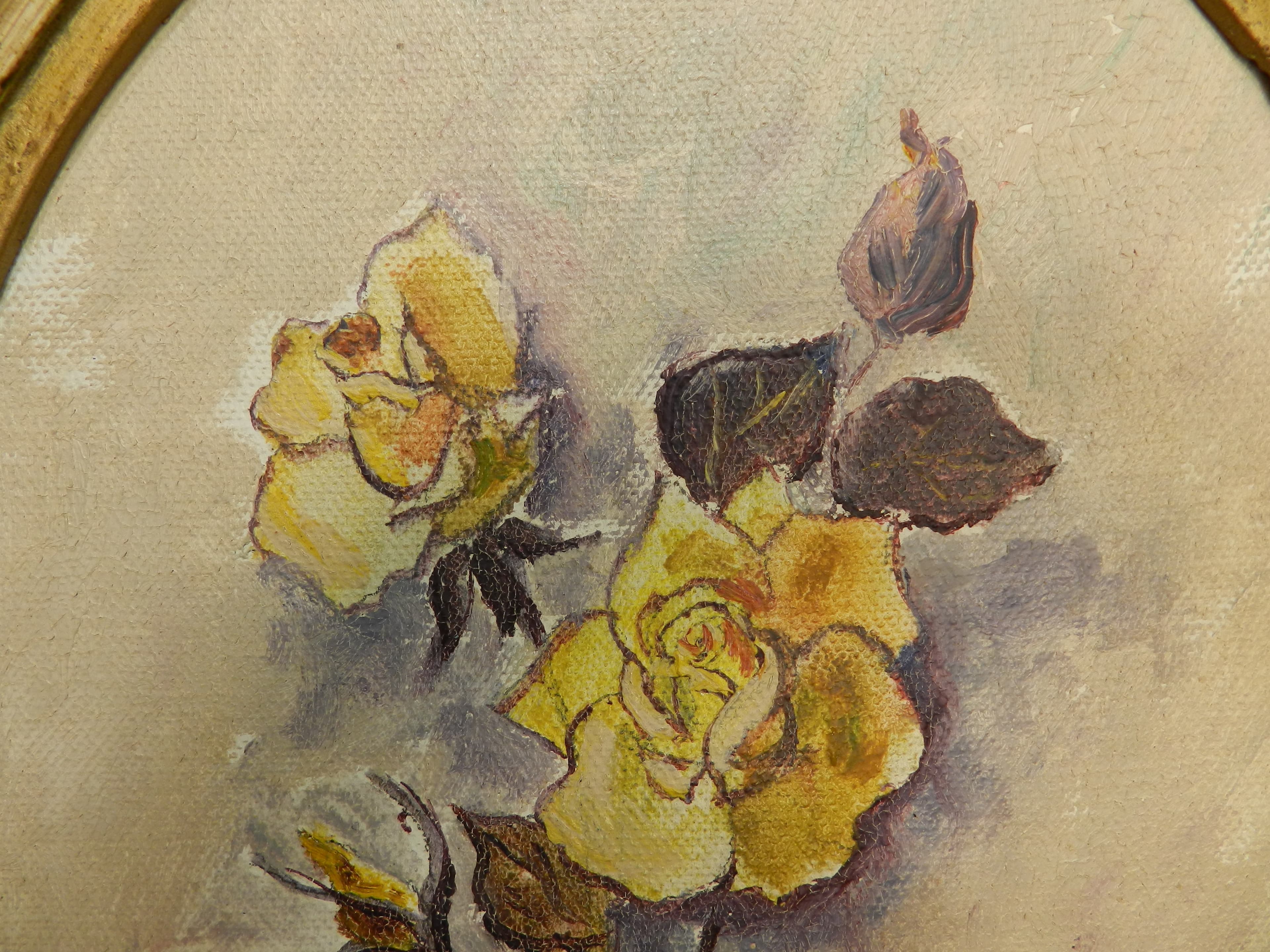 Vintage Mildred Colvin Yellow Rose Floral Painting on Canvas Oval Frame (O34S) - Thumbnail 8