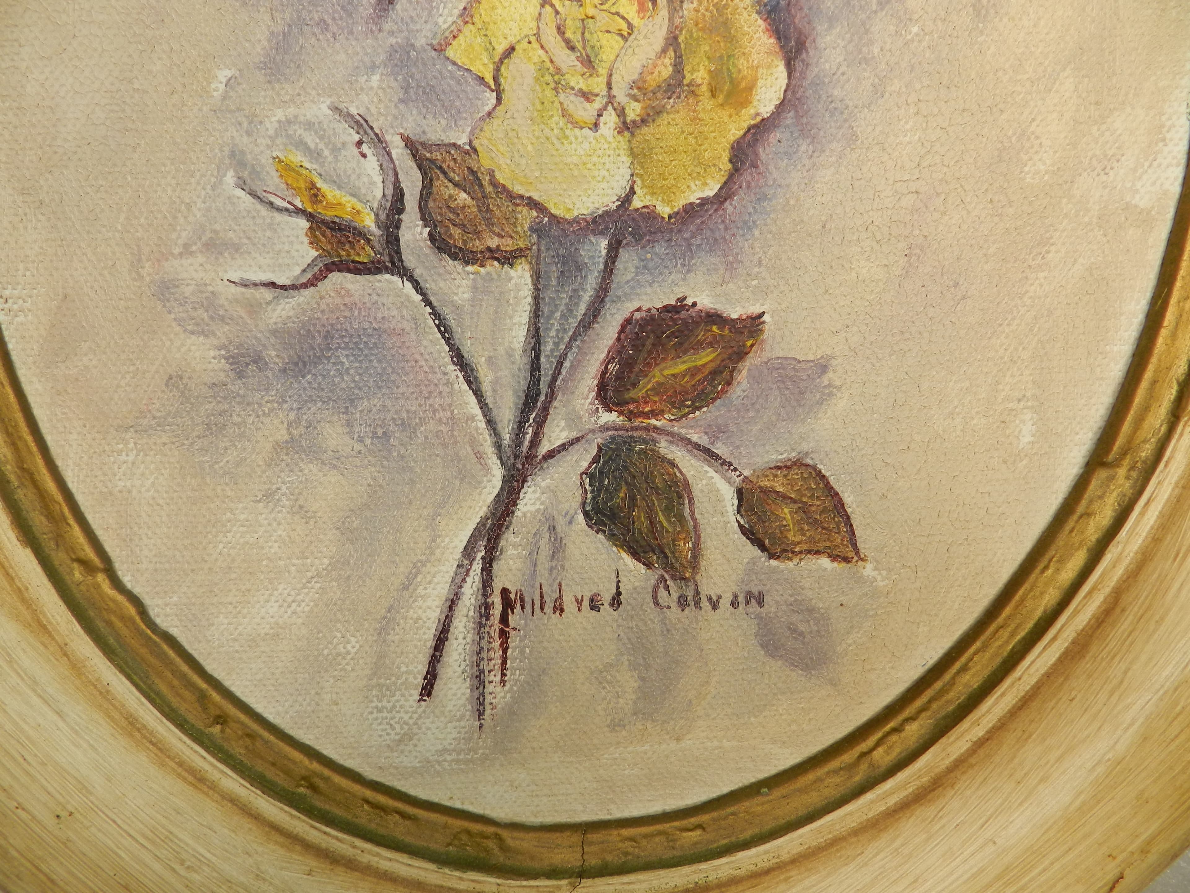Vintage Mildred Colvin Yellow Rose Floral Painting on Canvas Oval Frame (O34S) - Thumbnail 9