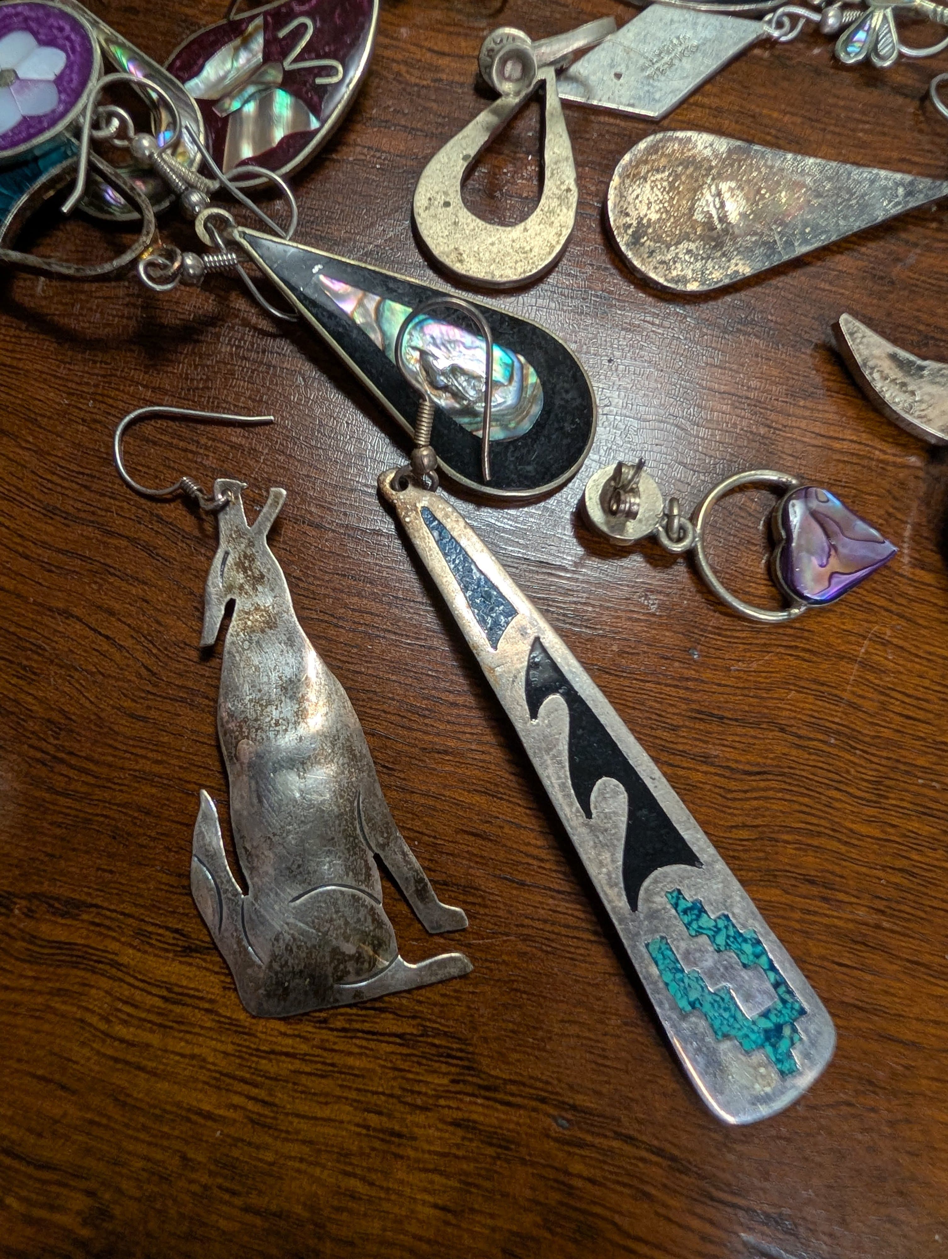 Vintage Mixed Lot of Alpaca Mexico Silver and Inlay Earrings - Thumbnail 3