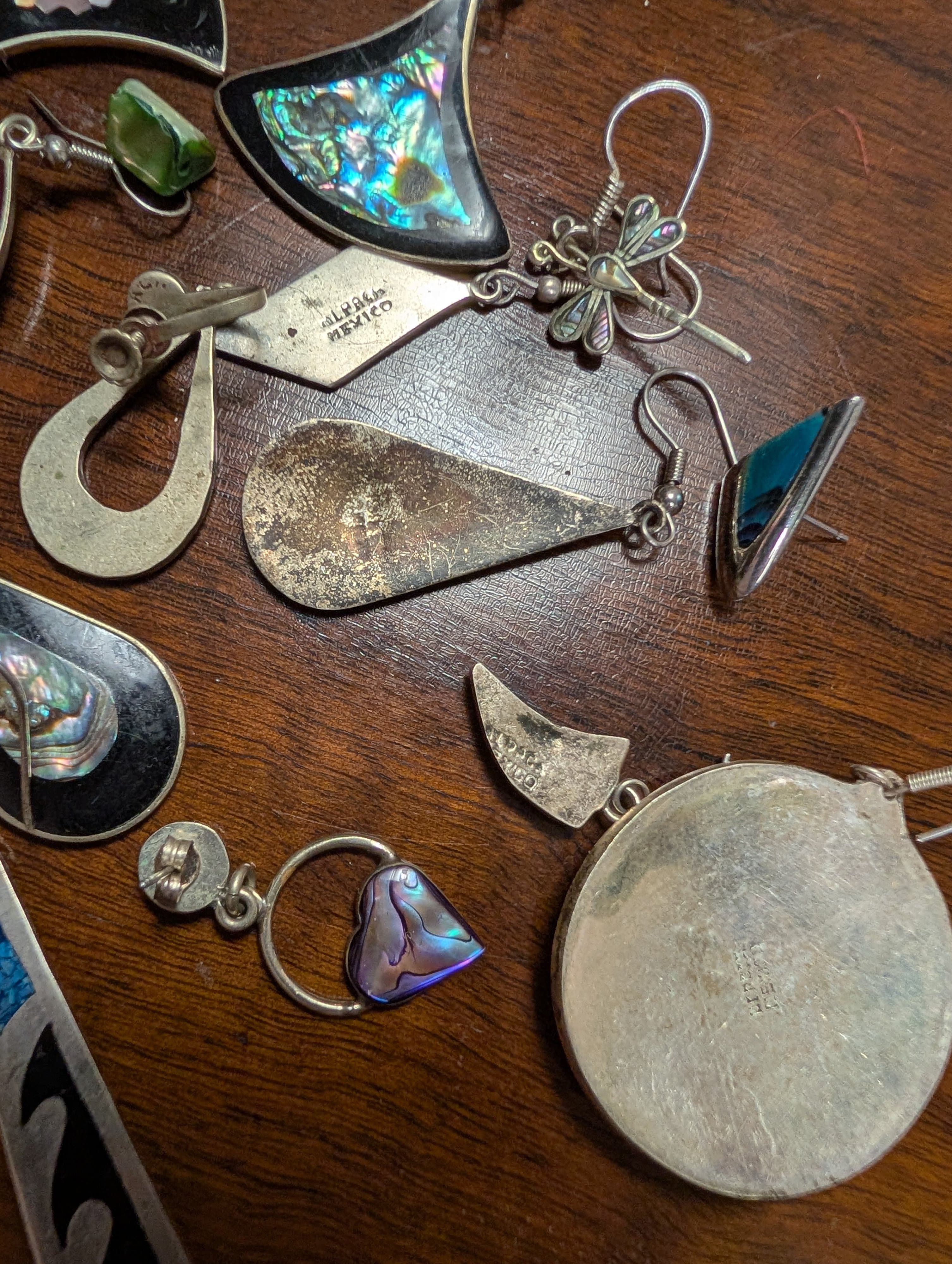 Vintage Mixed Lot of Alpaca Mexico Silver and Inlay Earrings - Thumbnail 5