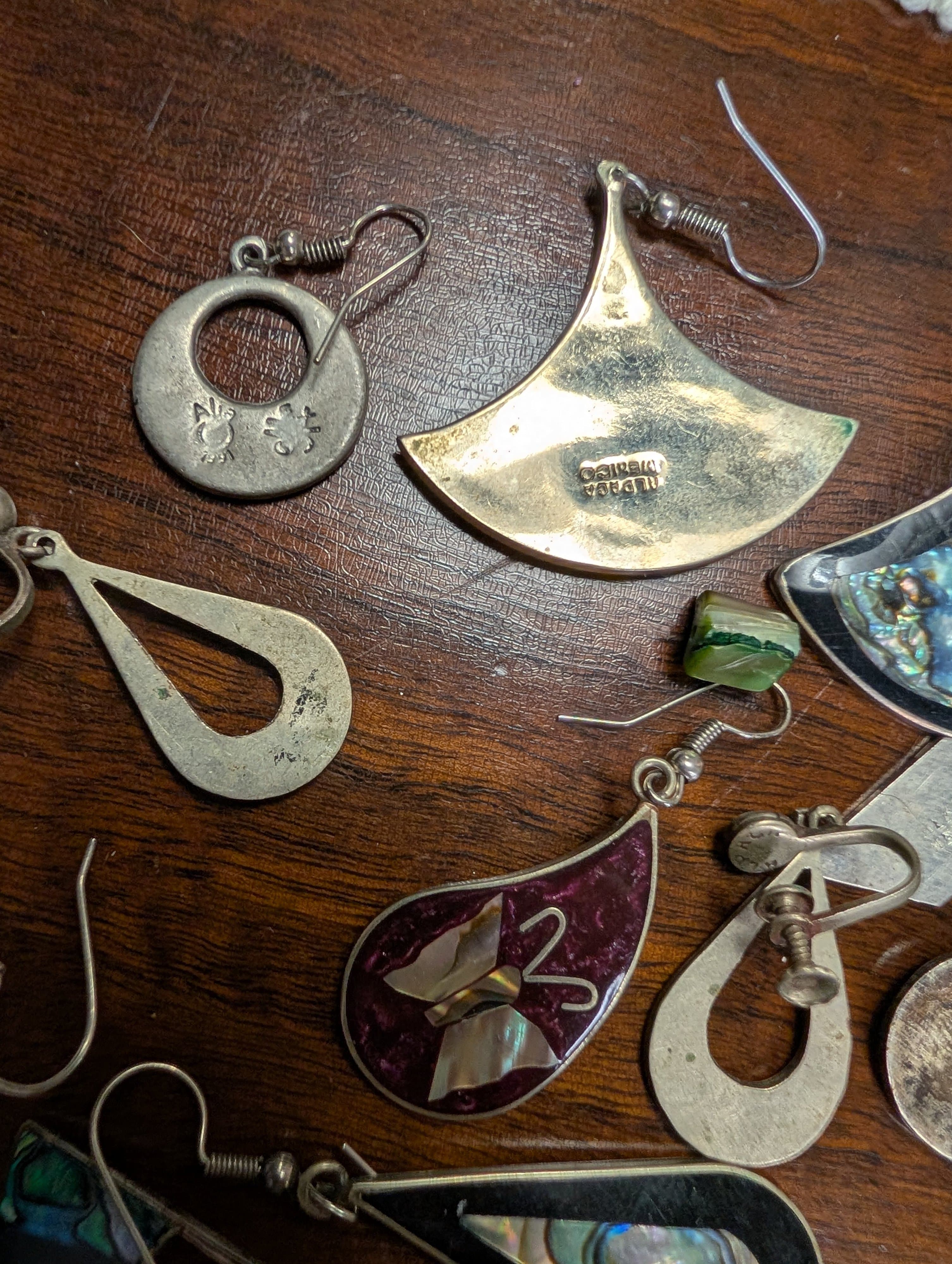 Vintage Mixed Lot of Alpaca Mexico Silver and Inlay Earrings - Thumbnail 8