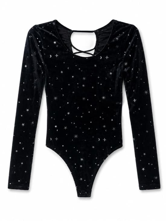 Wild Fable Black Velvet Star Print Long Sleeve Lace-Up Back Bodysuit S - Thumbnail 9