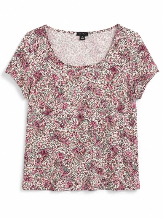 Ann Taylor White Pink Floral Short Sleeve Scoop Neck Tee XL 100% Cotton Casual - Thumbnail 8