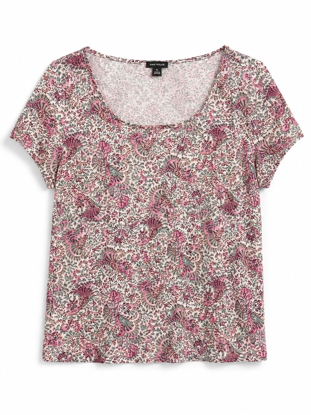 Ann Taylor White Pink Floral Short Sleeve Scoop Neck Tee XL 100% Cotton Casual - Thumbnail 7
