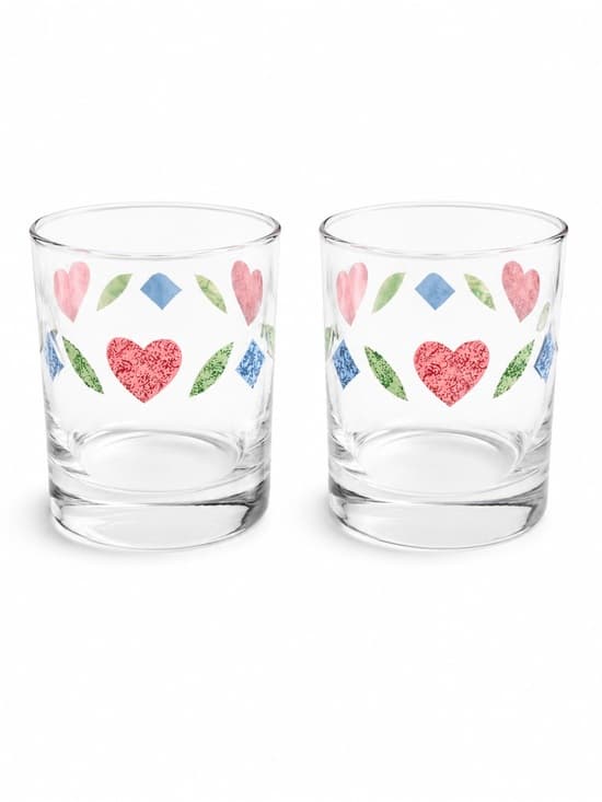 Set of 2 Clear Glass Lowball Rocks Glasses Heart Folk Art Barware - Thumbnail 8